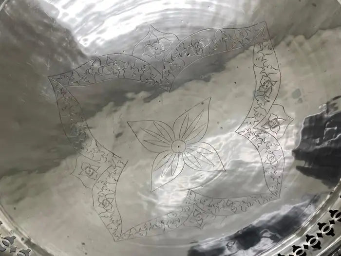 Chinese Export Brass Charger with Fretwork Border and Etched Decoration, Signed