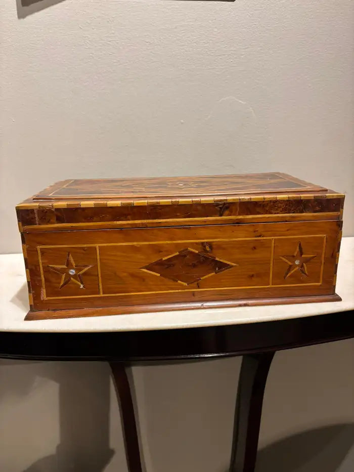 19th Century Burl Wood Box With Fruit Wood and Mother of Pearl Inlay