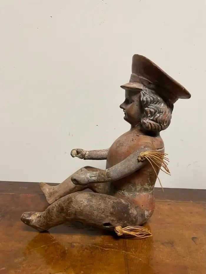 Mexican Terracotta Articulated Doll Figure Wearing a Military Hat