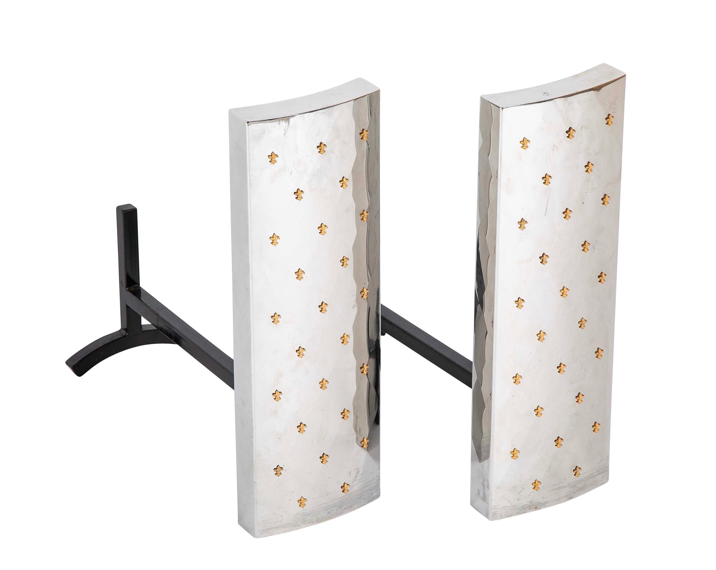 Pair of French Andirons Having White Metal Panels with Applied Decoration
