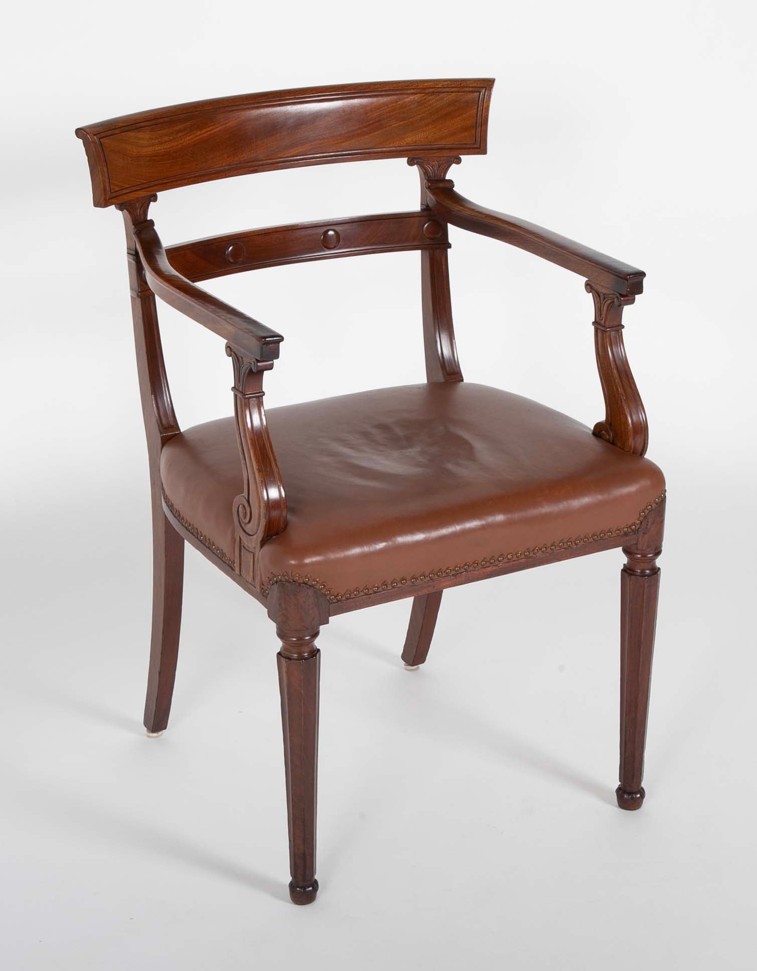 Regency Armchair with Brown Leather Seats and Curved Arm Supports