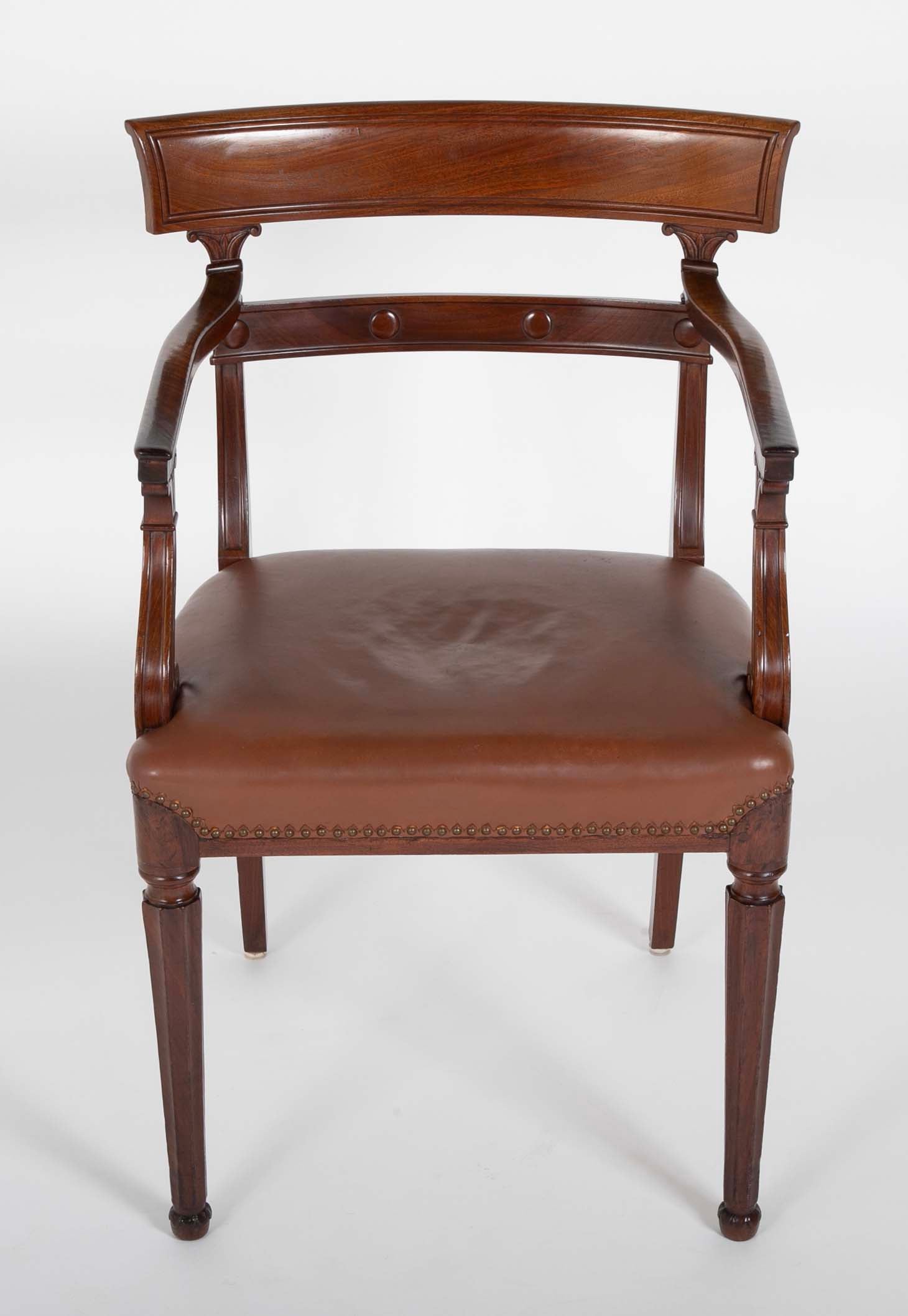 Regency Armchair with Brown Leather Seats and Curved Arm Supports