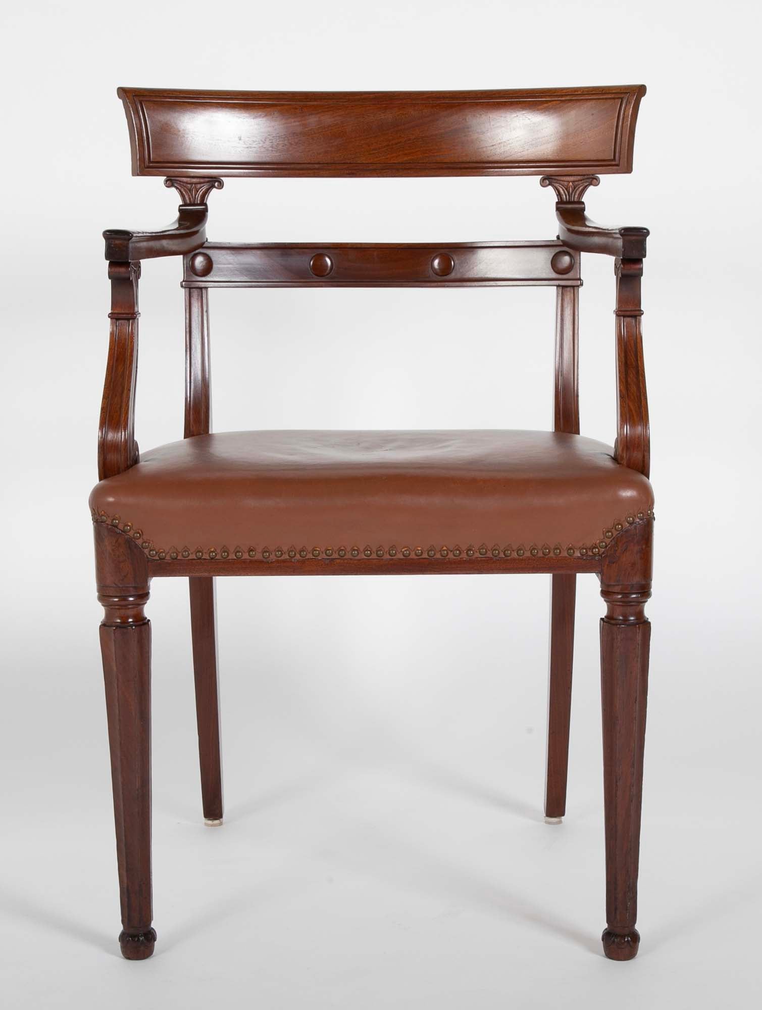Regency Armchair with Brown Leather Seats and Curved Arm Supports