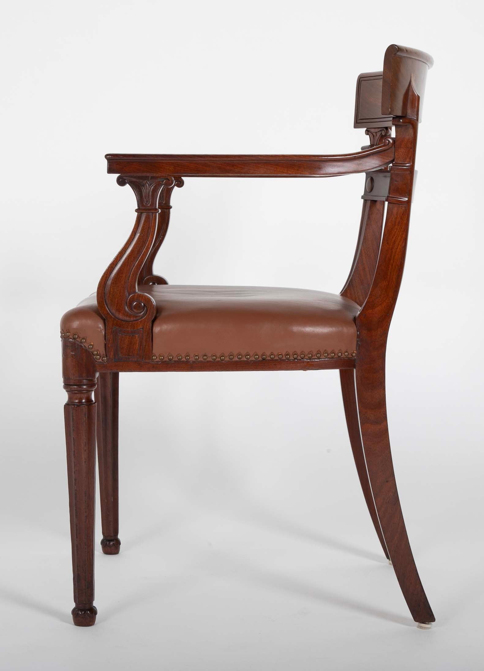 Regency Armchair with Brown Leather Seats and Curved Arm Supports