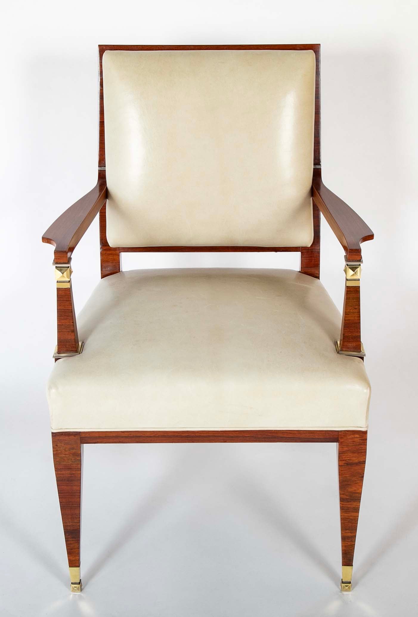 Lucien Rollin Macassar and Ebony Armchair Upholstered in Leather