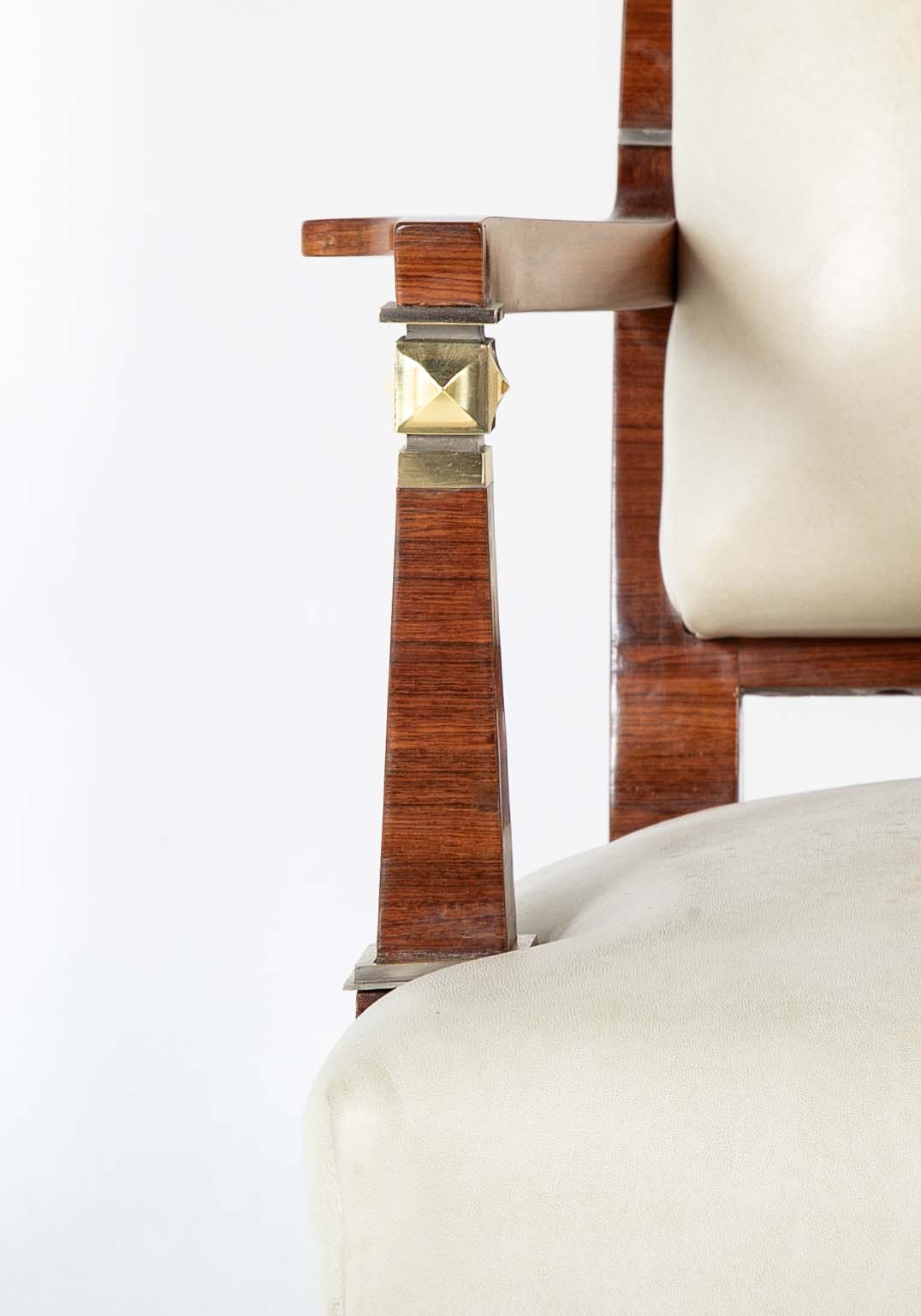 Lucien Rollin Macassar and Ebony Armchair Upholstered in Leather