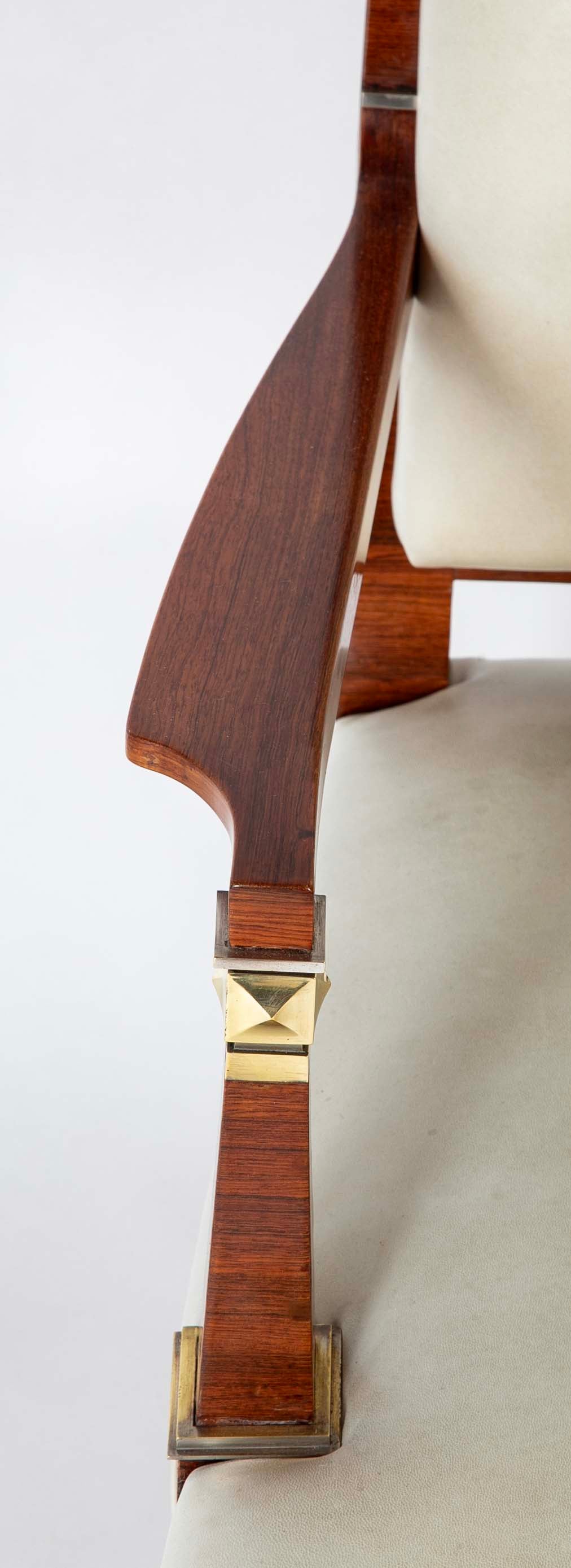 Lucien Rollin Macassar and Ebony Armchair Upholstered in Leather