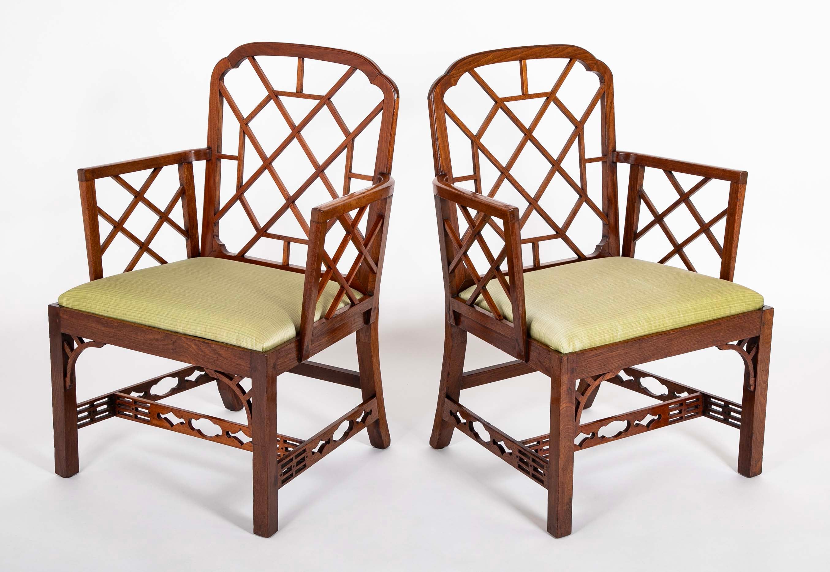 Pair Of Chinese Chippendale Mahogany Arm Chairs