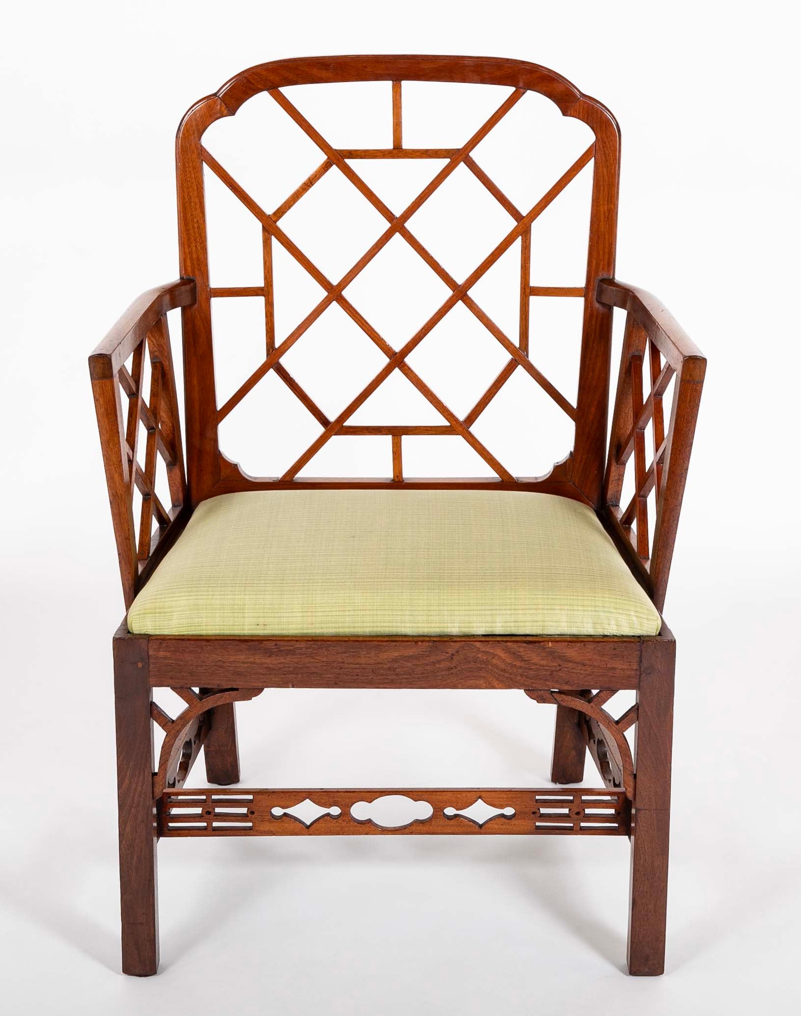 Pair Of Chinese Chippendale Mahogany Arm Chairs