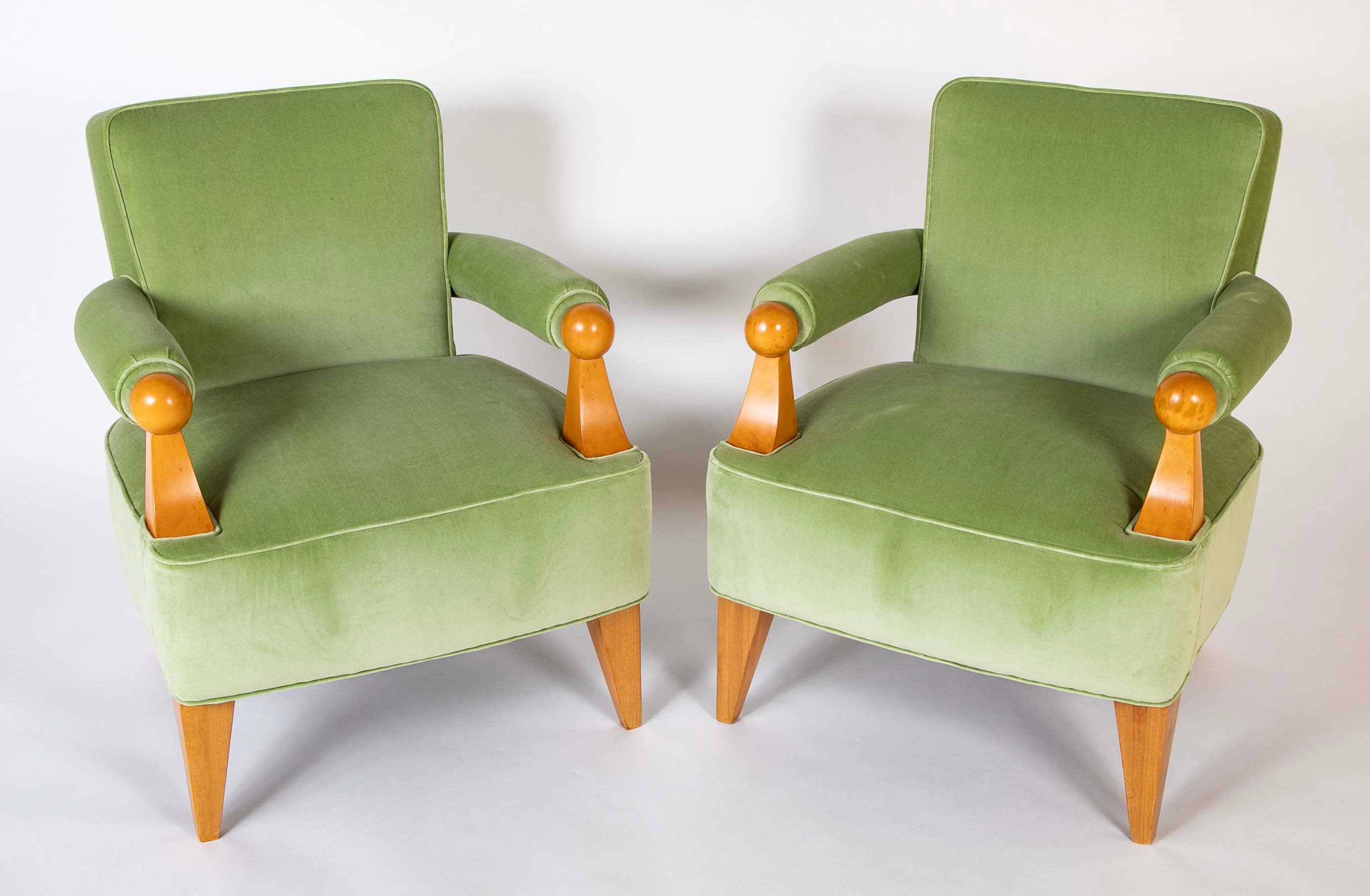 Pair of French Blond Wood Upholstered Armchairs