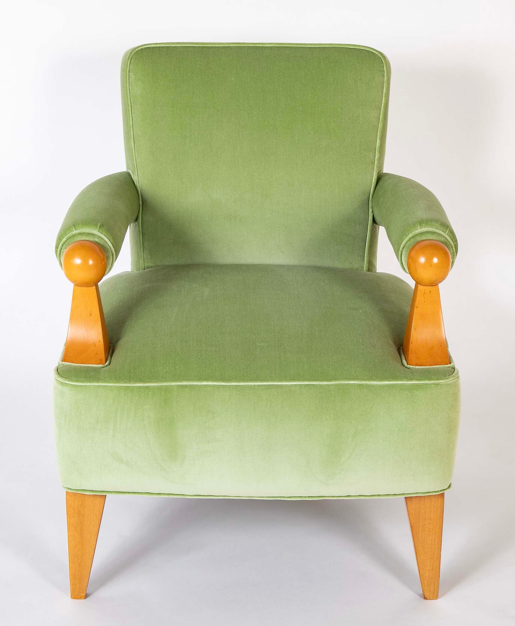 Pair of French Blond Wood Upholstered Armchairs