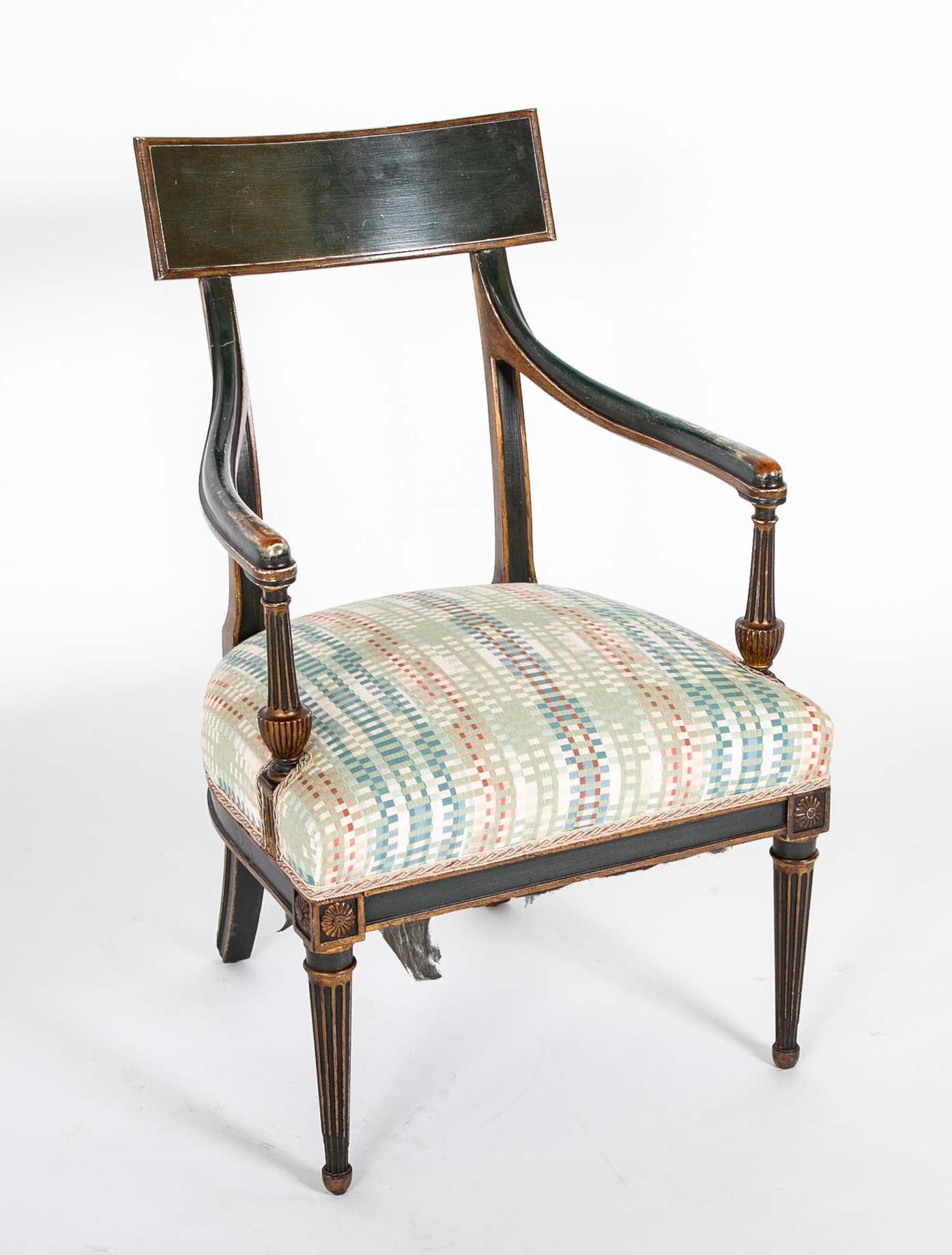 French Early 19th Century Gilt and Green Painted Directoire Armchair