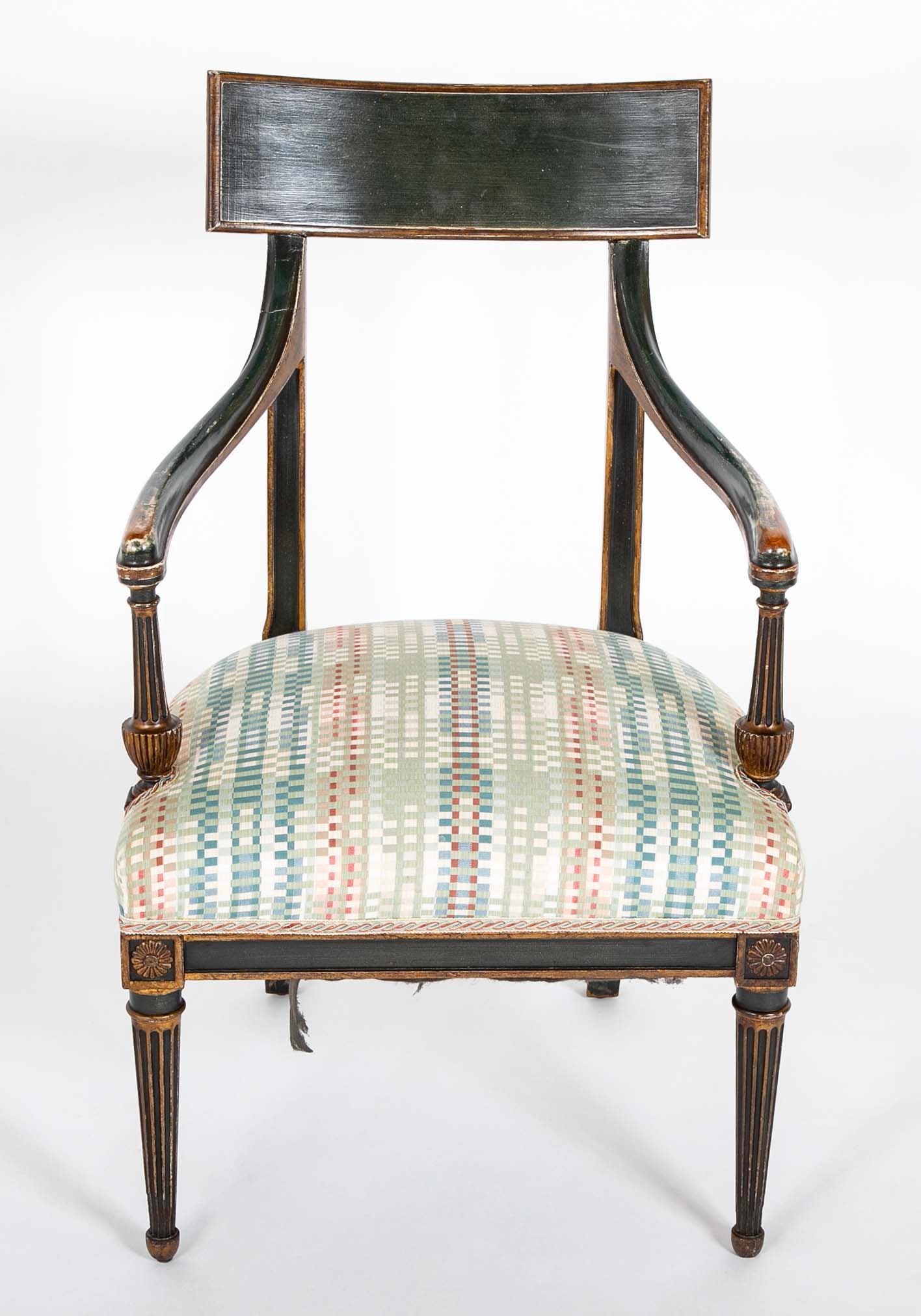 French Early 19th Century Gilt and Green Painted Directoire Armchair