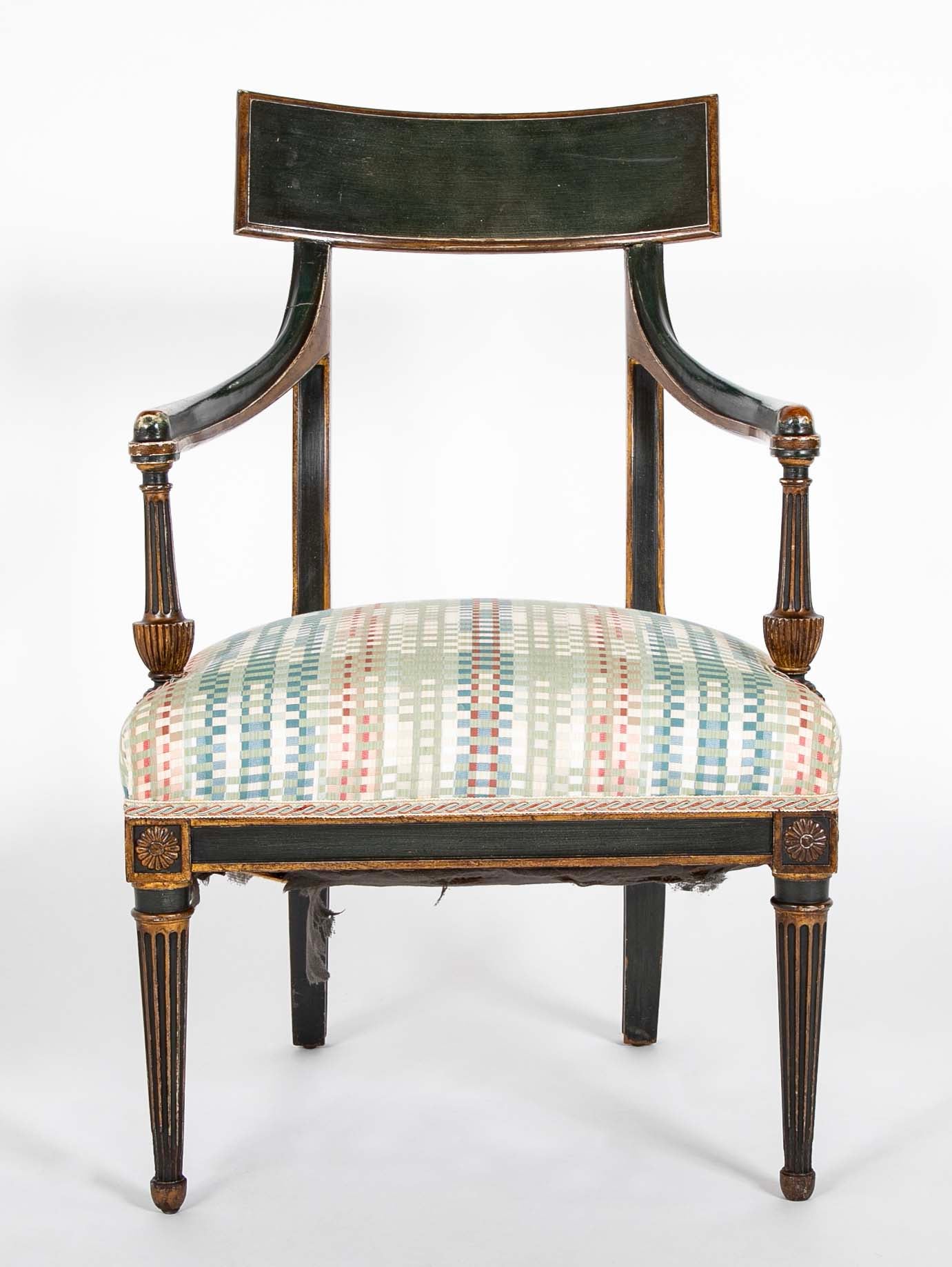 French Early 19th Century Gilt and Green Painted Directoire Armchair