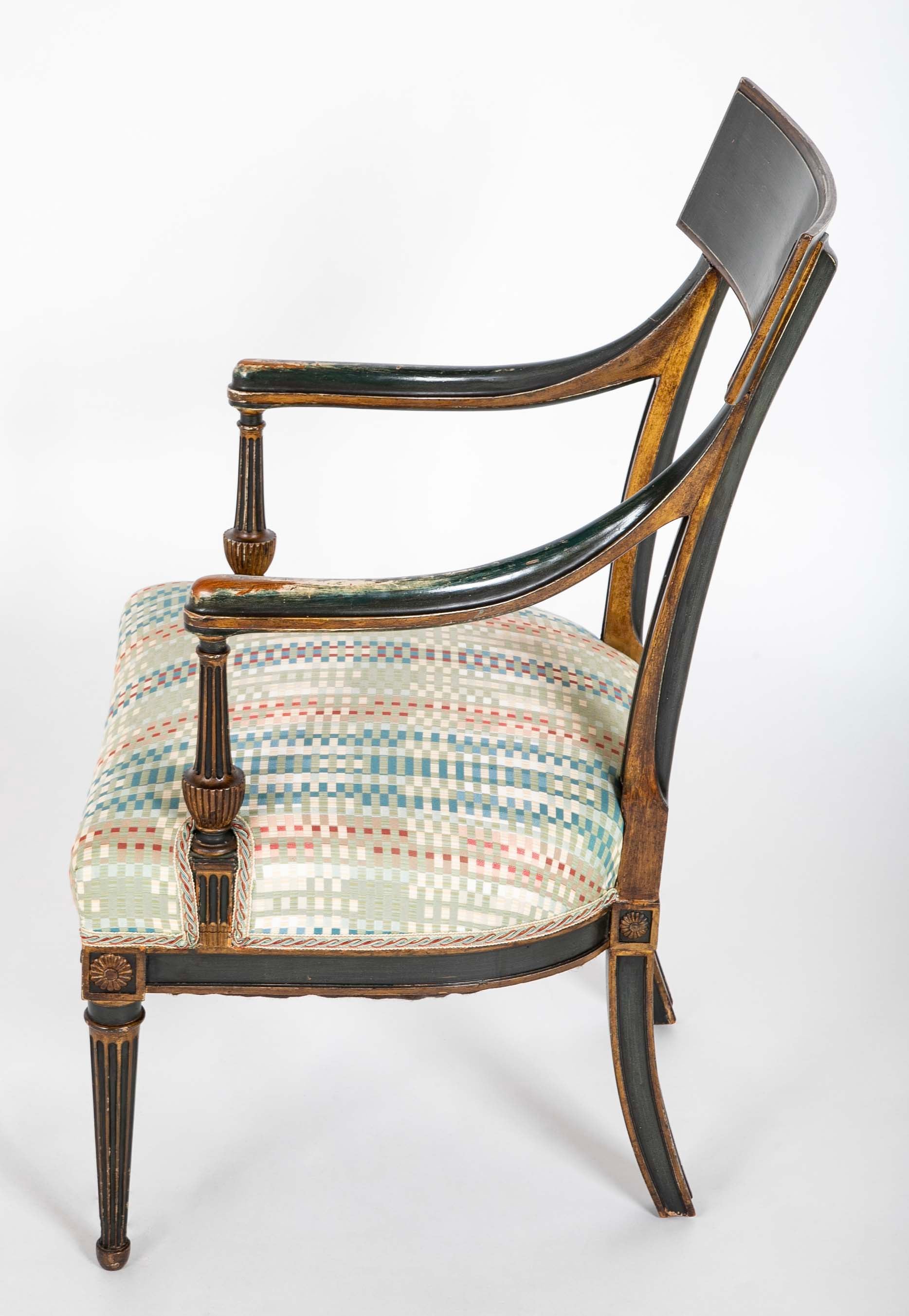 French Early 19th Century Gilt and Green Painted Directoire Armchair