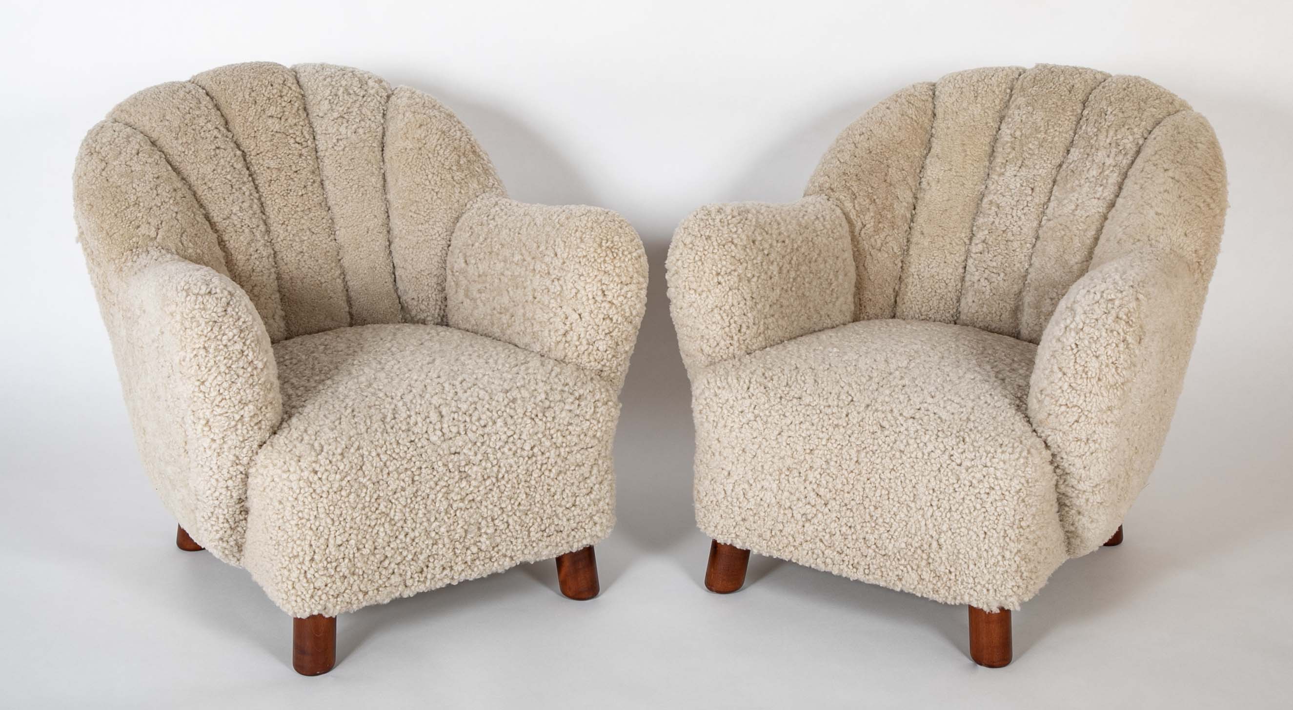 Pair of Danish Sheepskin Chairs in the Manner of Fritz Hansen