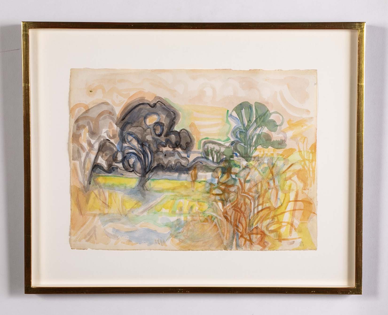 "Willows in Paddock" Watercolor & Pencil by British Artist Eileen Guthrie