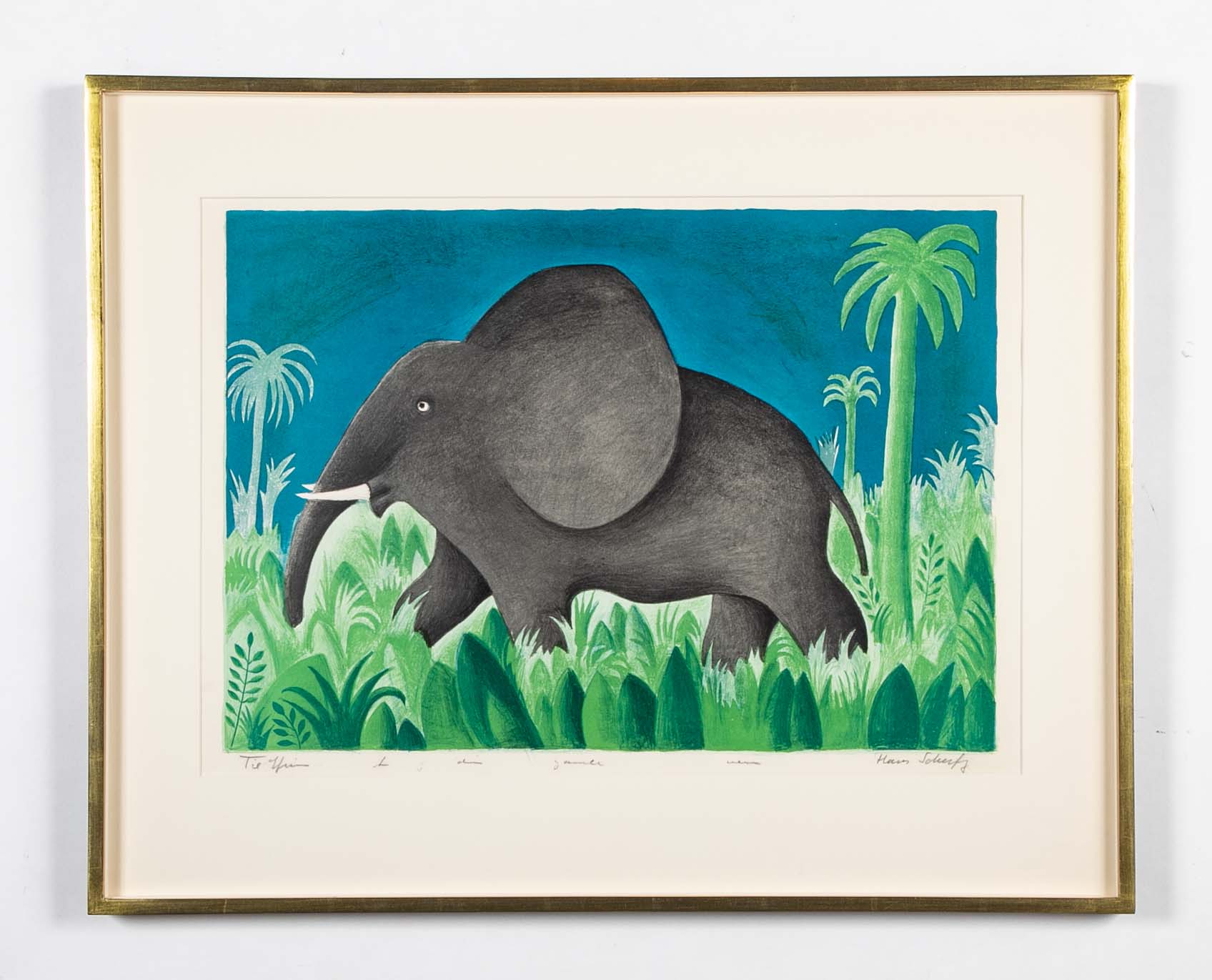"Ensom Elefant" Lithograph in Colors by Hans Scherfig