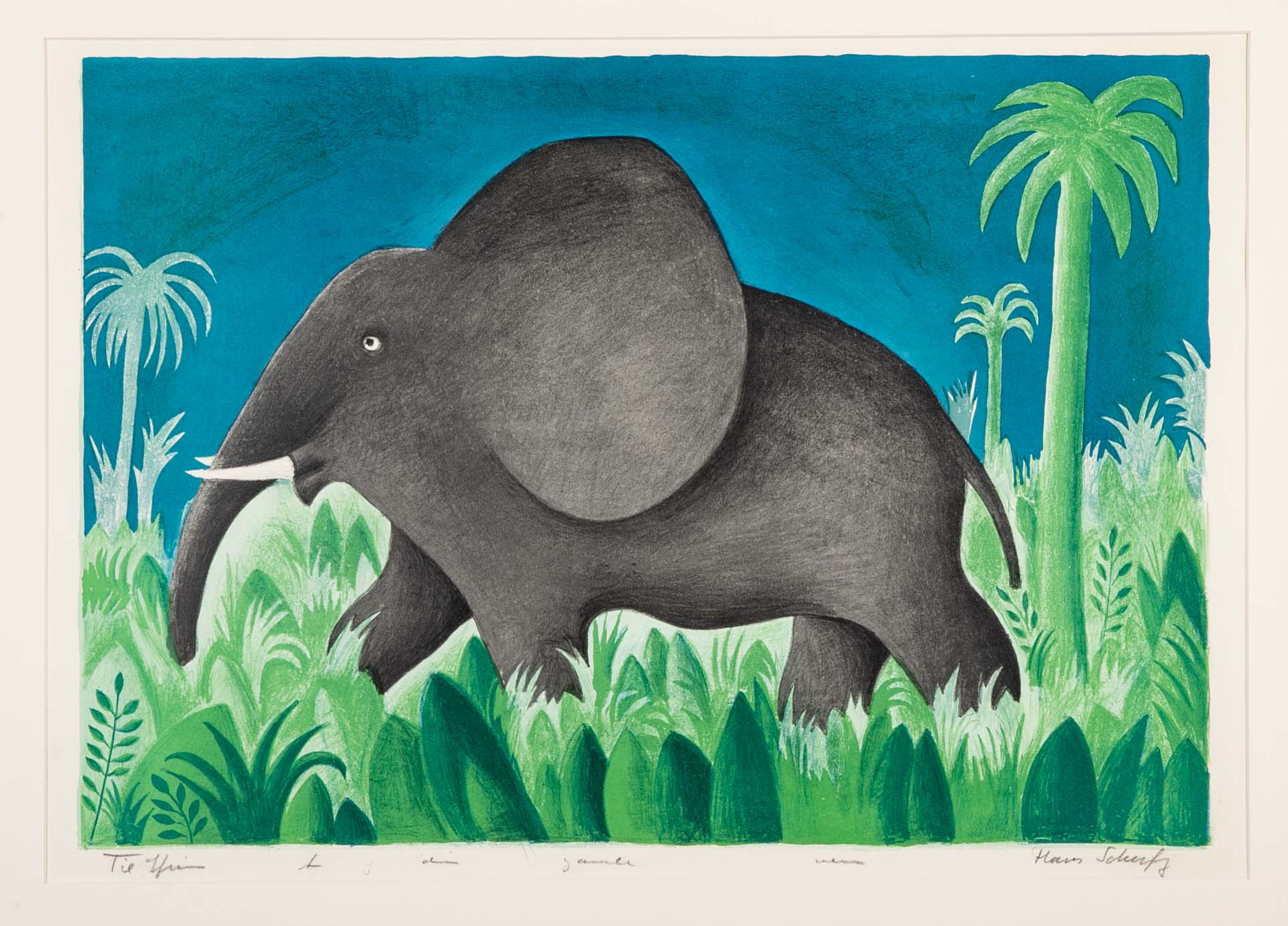 "Ensom Elefant" Lithograph in Colors by Hans Scherfig