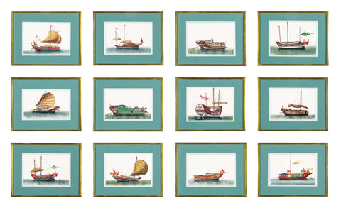 Set of 12 Gouaches of Chinese Junks and Other Vessels by Youqua