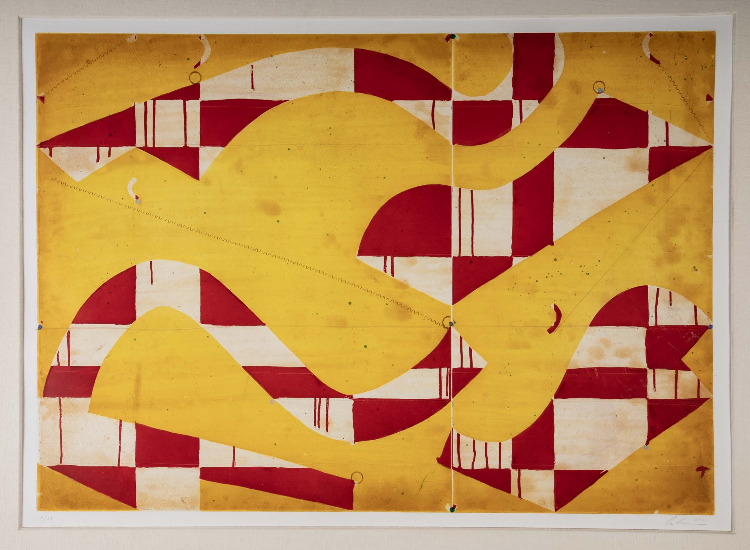 "Seven String with Yellow & Red" Spit Bite & Sugar Lift Aquatint Etching by Caio Fonseca