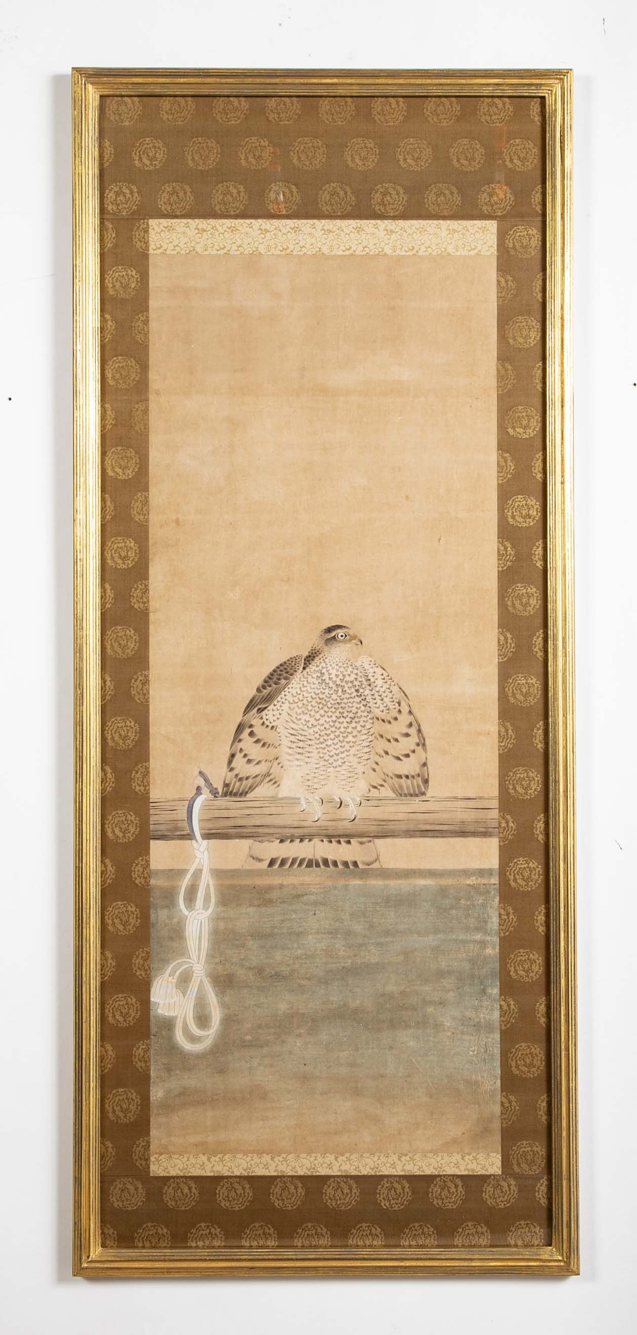 Japanese Edo Period Painted Silk Depicting a Falcon Tethered to a Perch