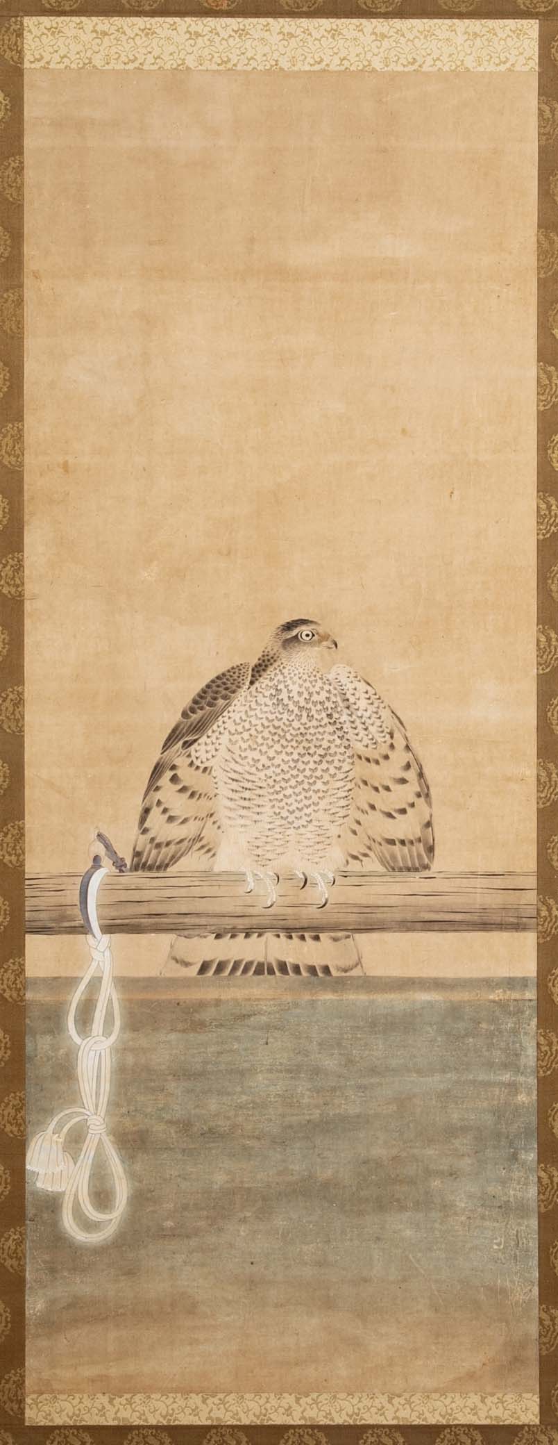 Japanese Edo Period Painted Silk Depicting a Falcon Tethered to a Perch