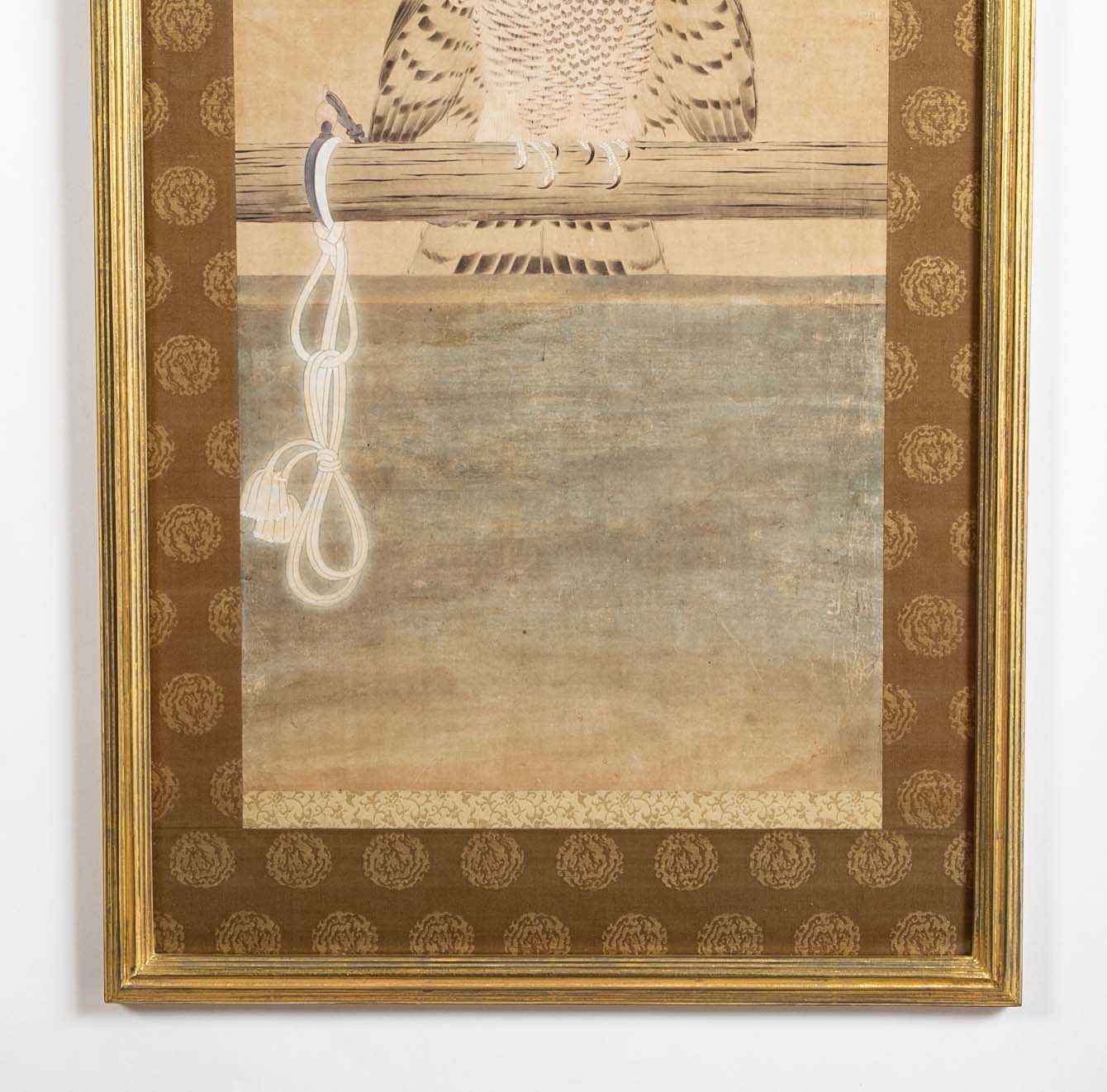 Japanese Edo Period Painted Silk Depicting a Falcon Tethered to a Perch