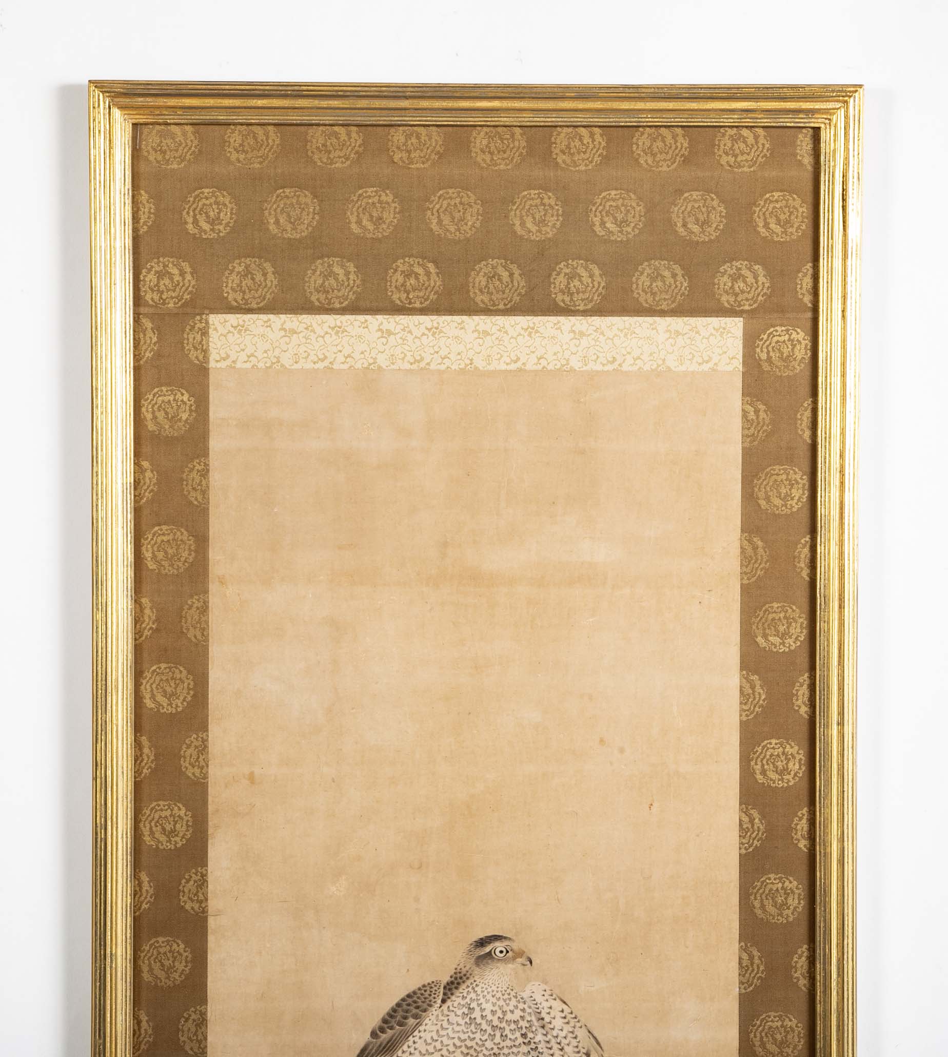 Japanese Edo Period Painted Silk Depicting a Falcon Tethered to a Perch