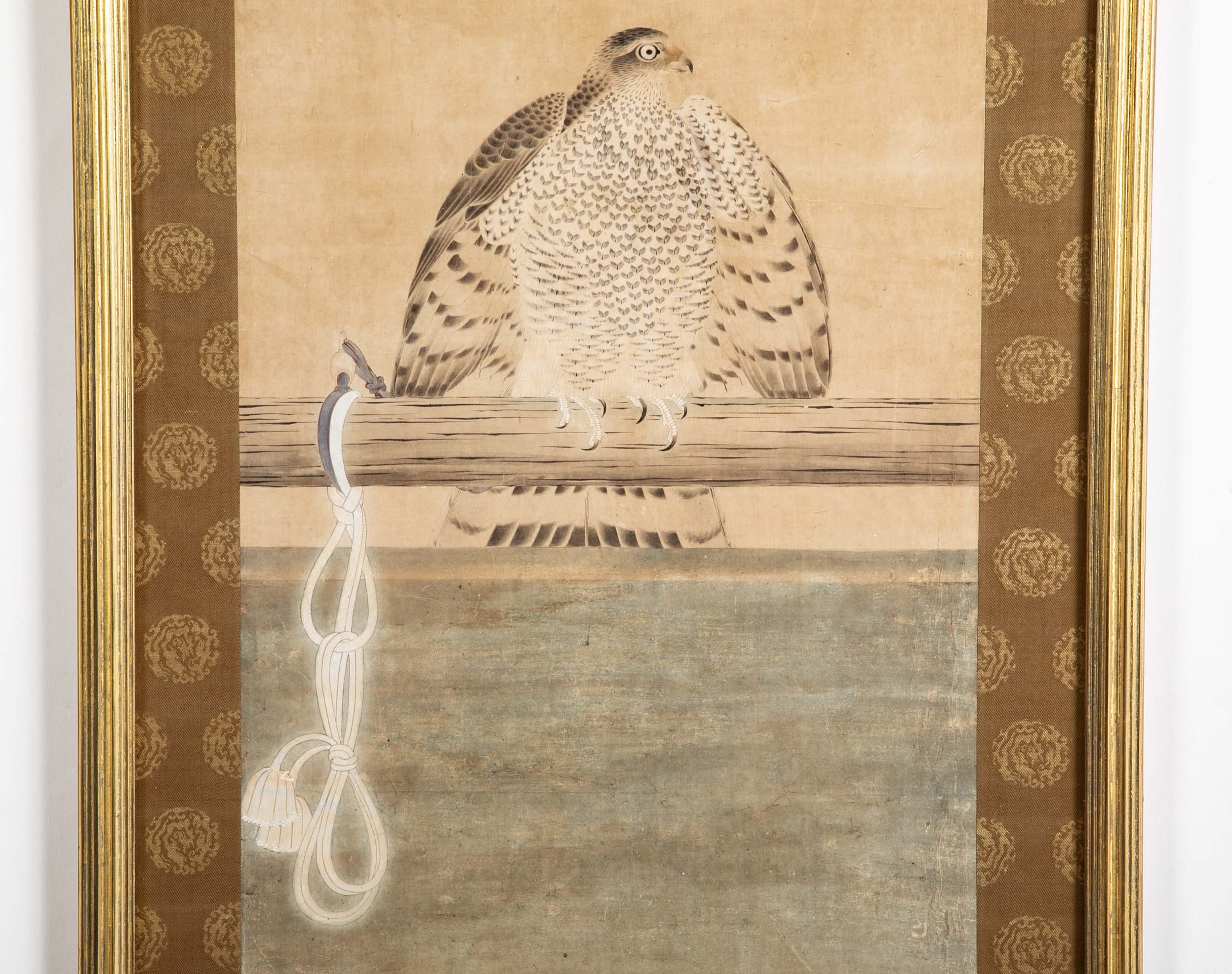 Japanese Edo Period Painted Silk Depicting a Falcon Tethered to a Perch
