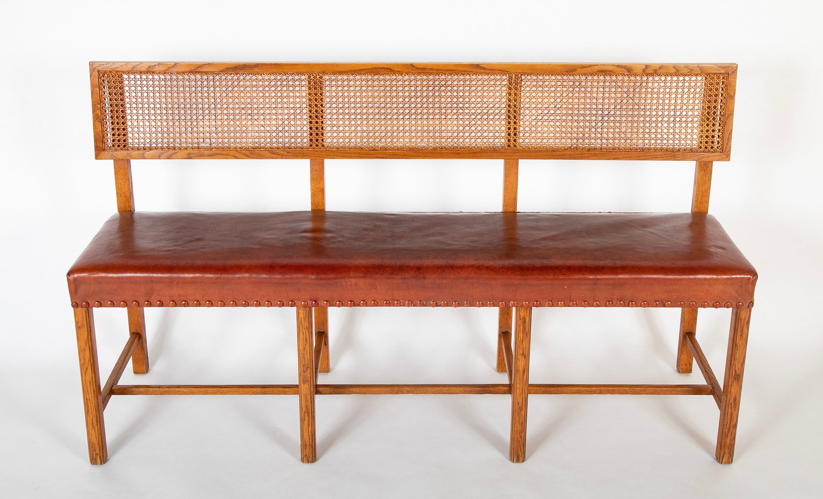 Henry Frankel Oak Bench with Caned Back & Leather Seat