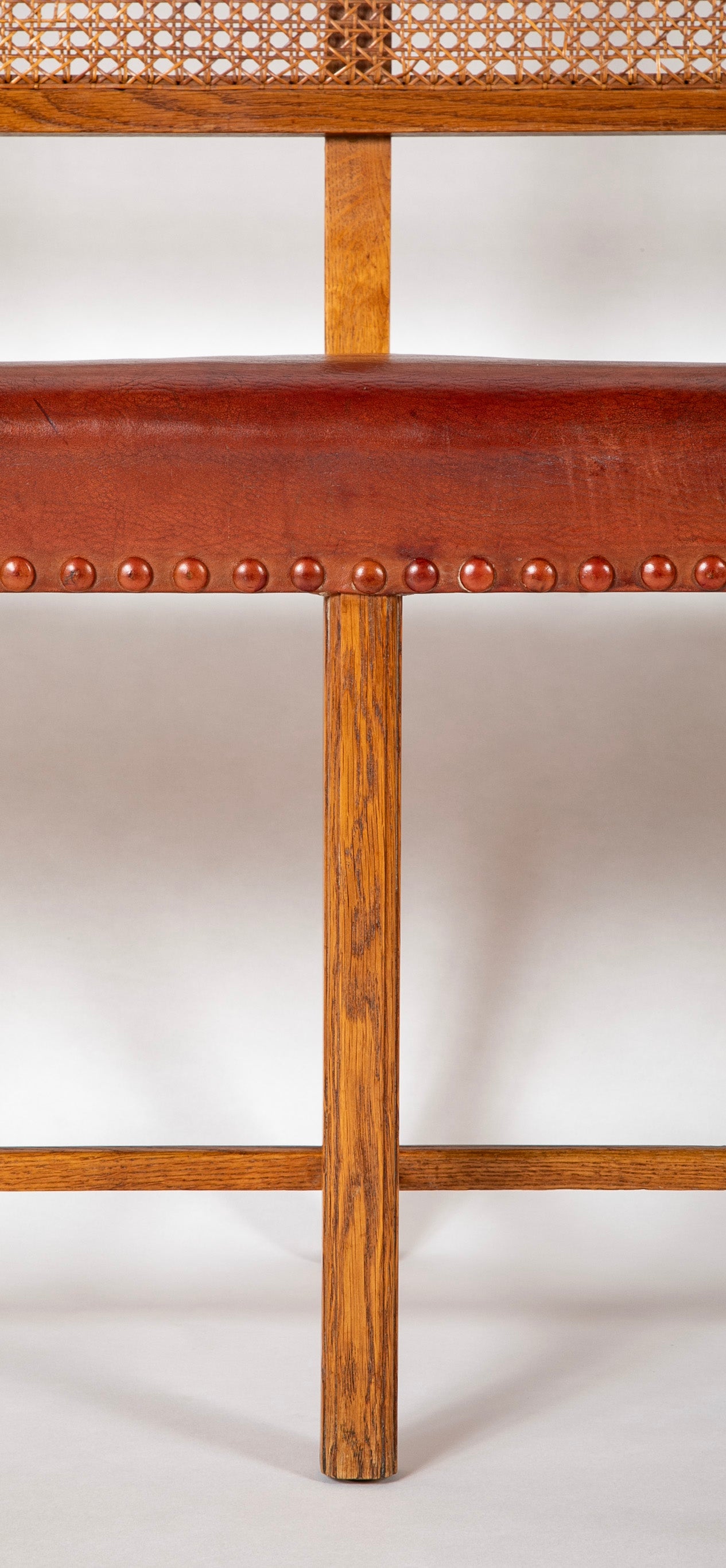 Henry Frankel Oak Bench with Caned Back & Leather Seat