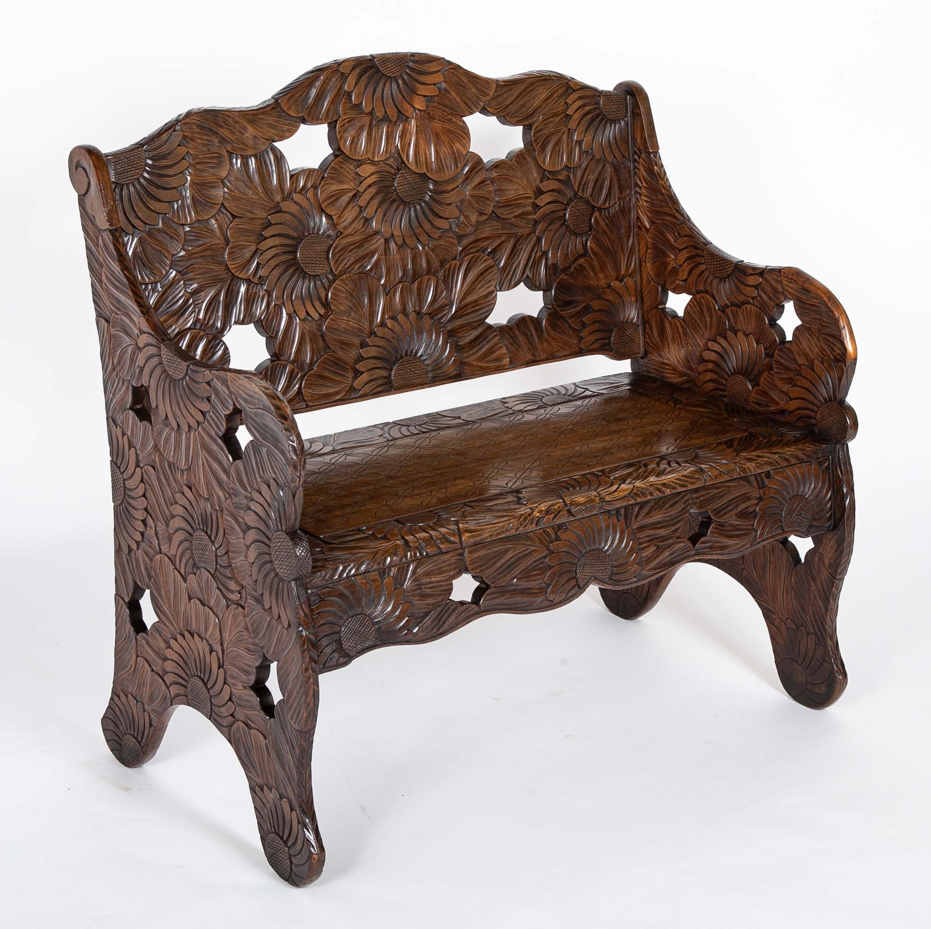 Detailed Flower Carved Beech Wood Bench for Liberty of London