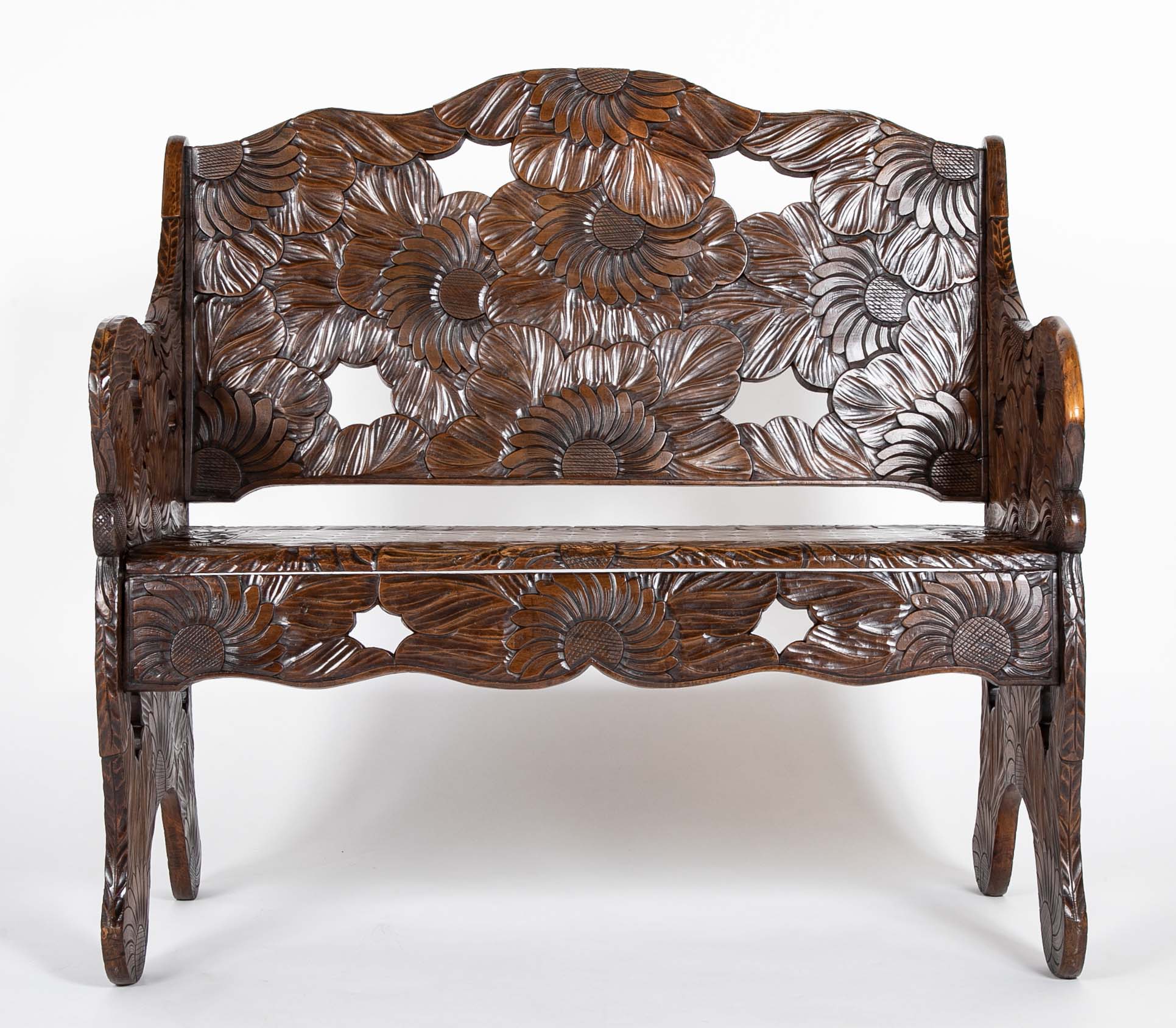 Detailed Flower Carved Beech Wood Bench for Liberty of London