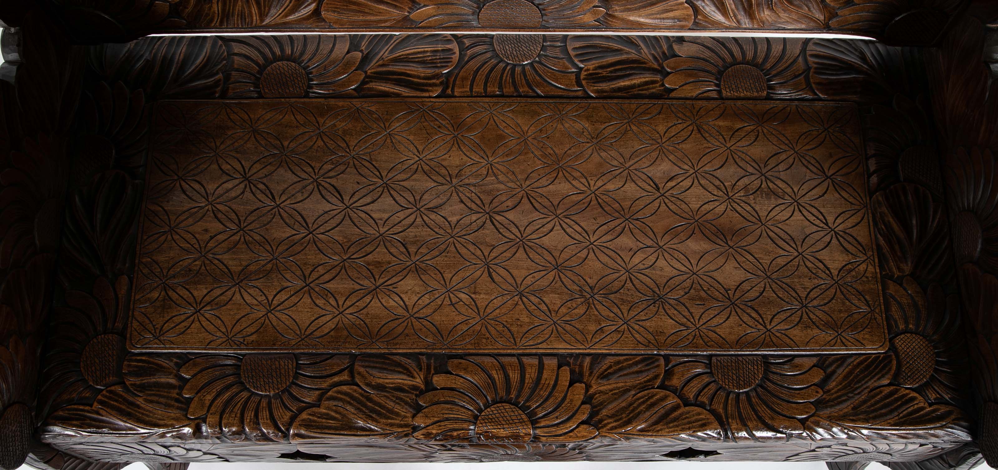 Detailed Flower Carved Beech Wood Bench for Liberty of London