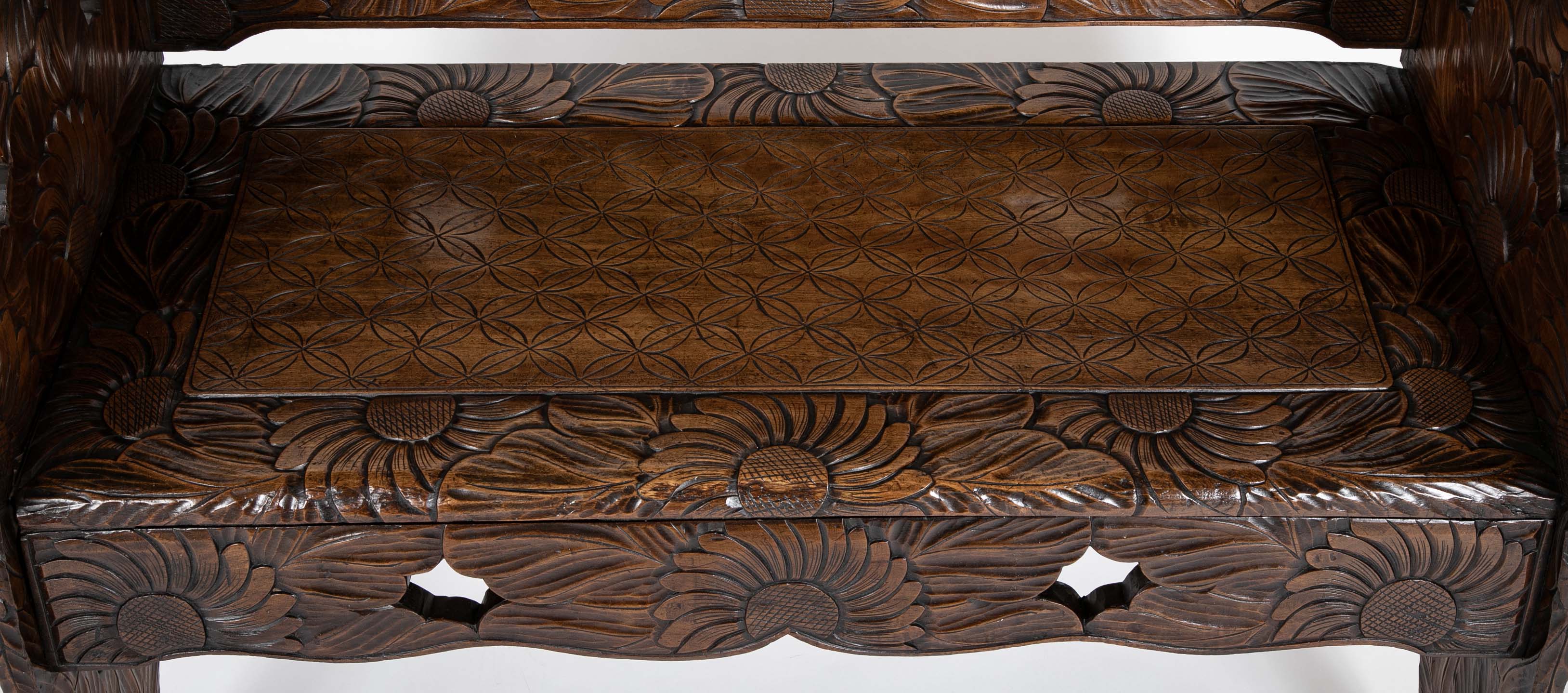 Detailed Flower Carved Beech Wood Bench for Liberty of London