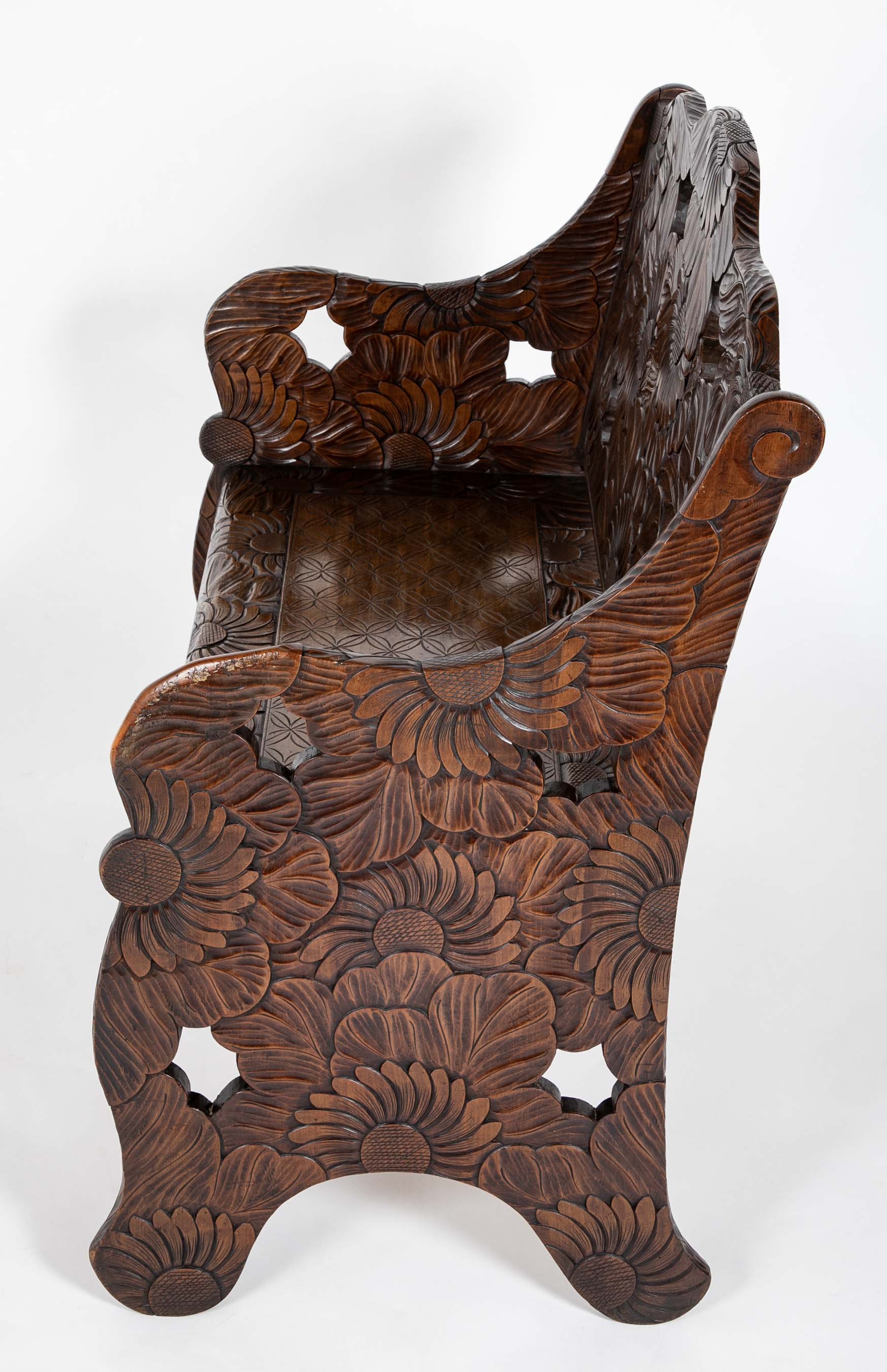 Detailed Flower Carved Beech Wood Bench for Liberty of London