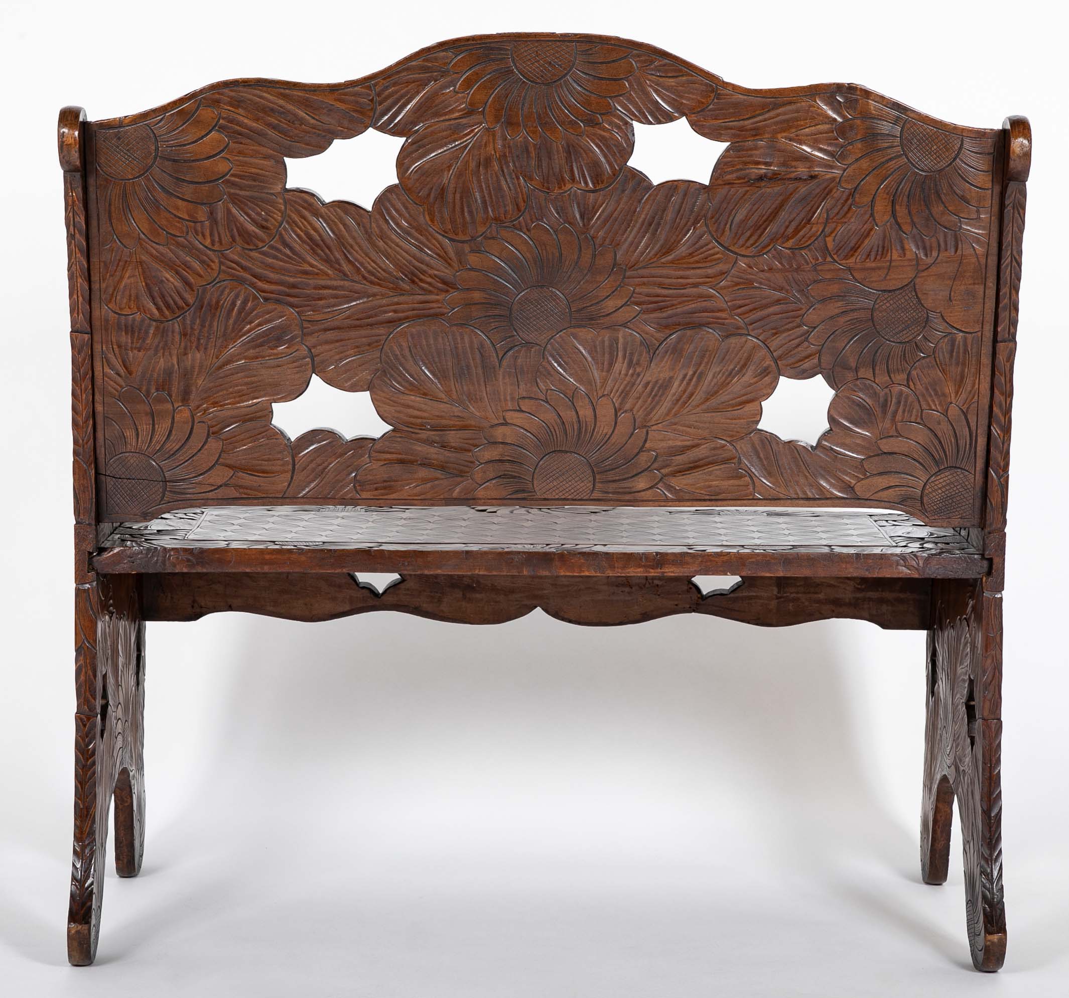 Detailed Flower Carved Beech Wood Bench for Liberty of London
