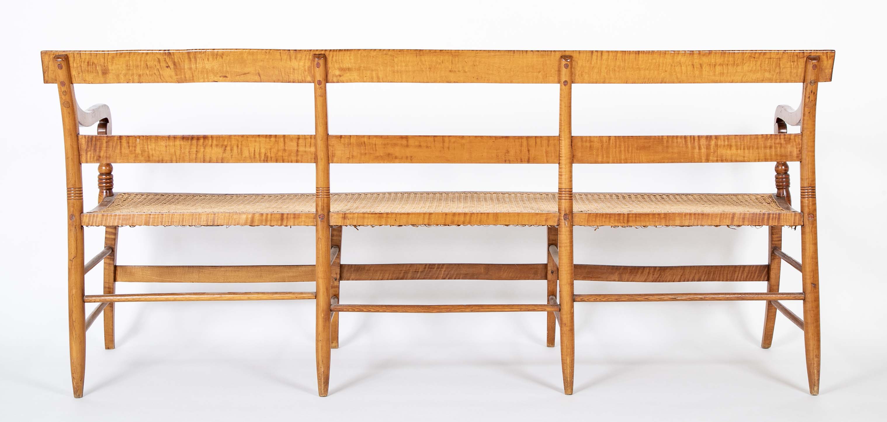 An American Tiger Maple Sheraton Settee with Cane Seat