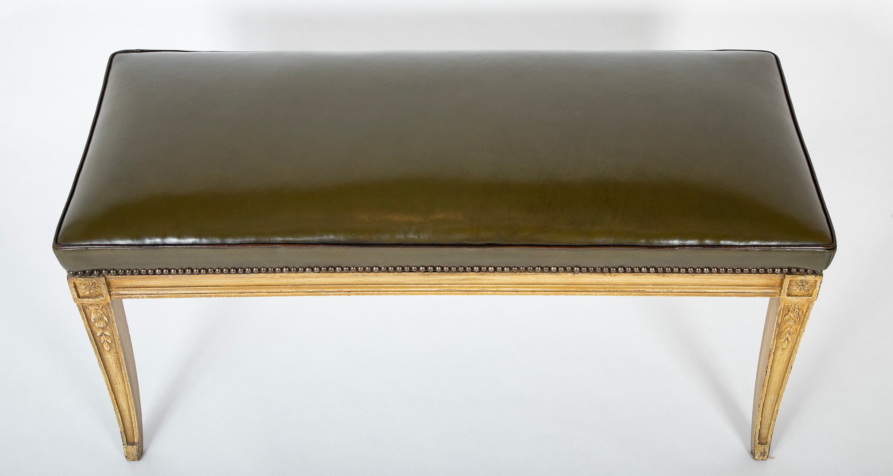 20th Century Directoire Style Carved Wood Bench with Leather Seat