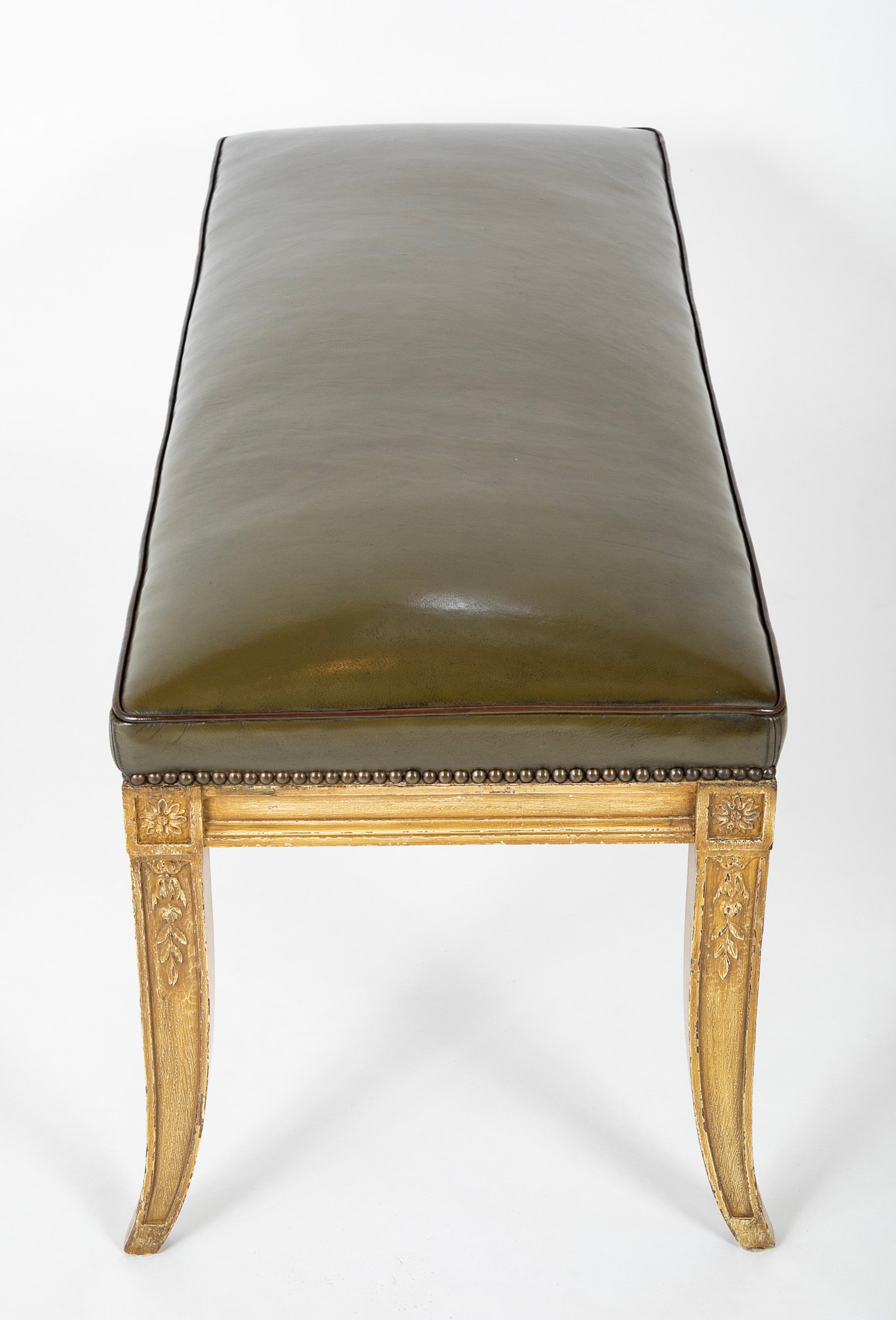 20th Century Directoire Style Carved Wood Bench with Leather Seat