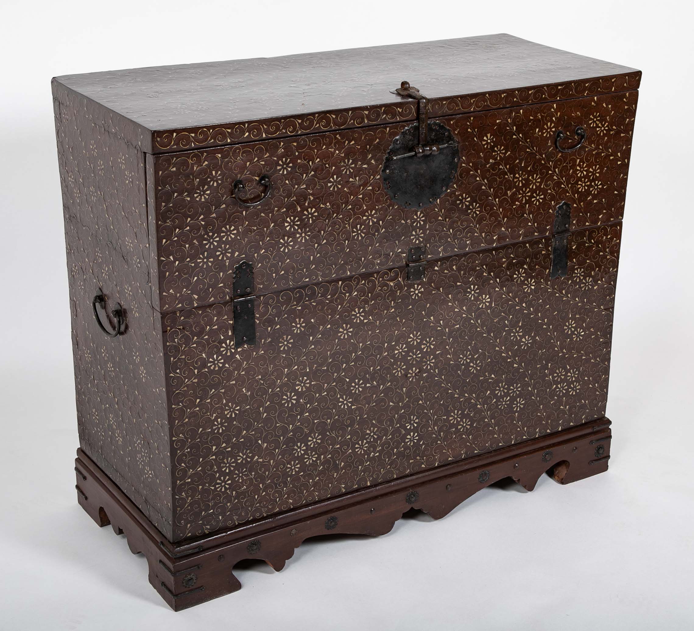 Chestnut Korean Palace Blanket Chest with Brass & Abalone Inlay
