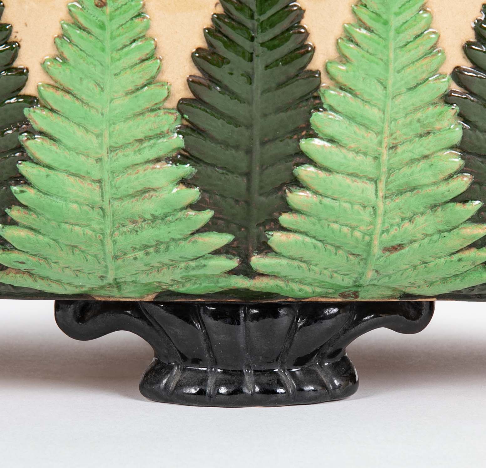 Majolica Slip Glazed Oval Jardiniere with 4 Scrolled Feet and Applied Shell Handles with Green Ferns