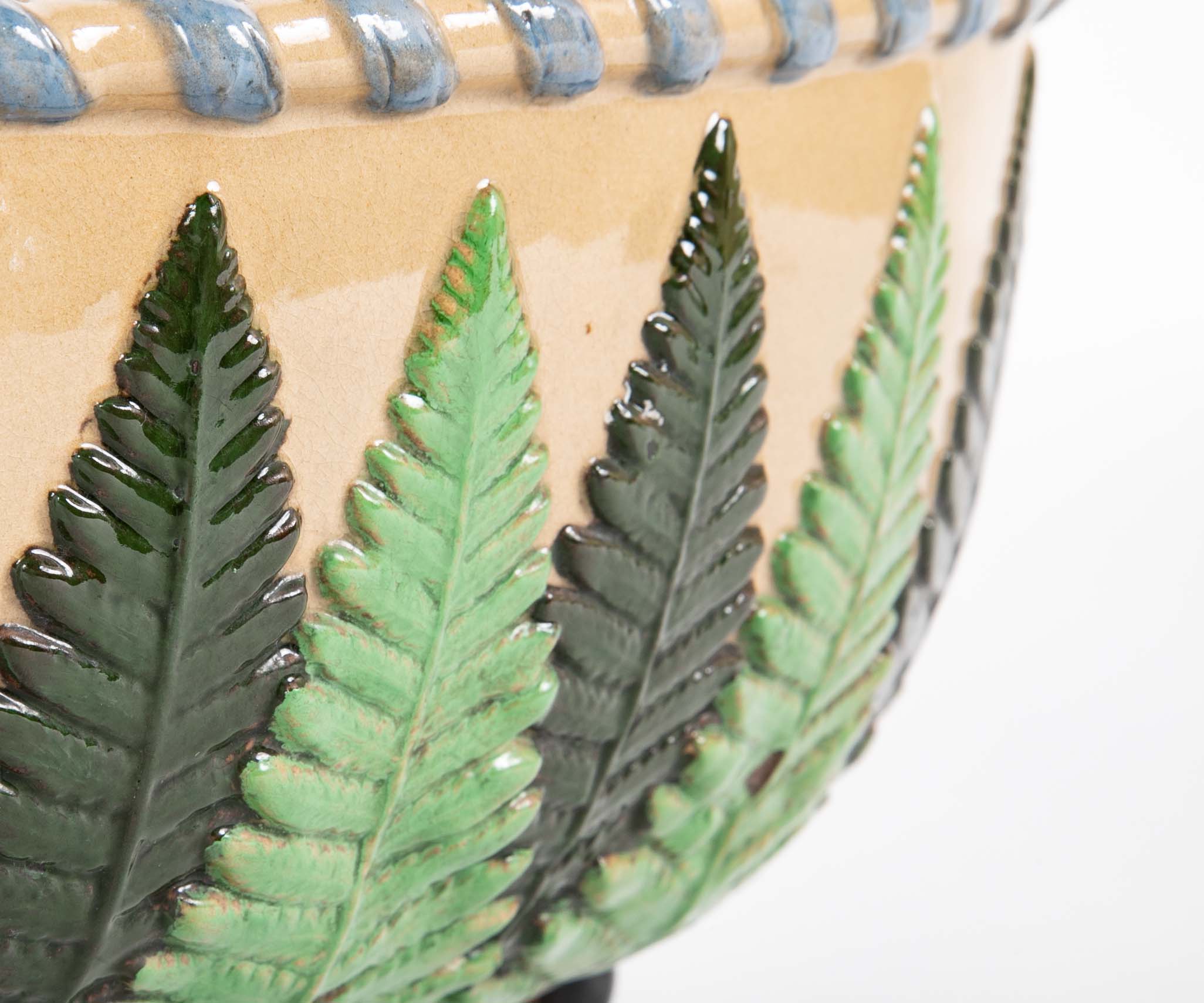 Majolica Slip Glazed Oval Jardiniere with 4 Scrolled Feet and Applied Shell Handles with Green Ferns