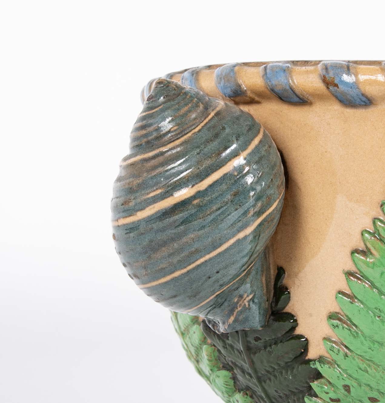 Majolica Slip Glazed Oval Jardiniere with 4 Scrolled Feet and Applied Shell Handles with Green Ferns