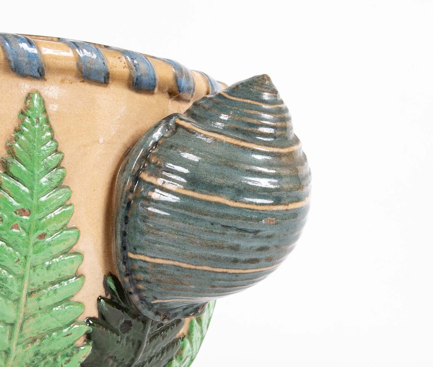 Majolica Slip Glazed Oval Jardiniere with 4 Scrolled Feet and Applied Shell Handles with Green Ferns
