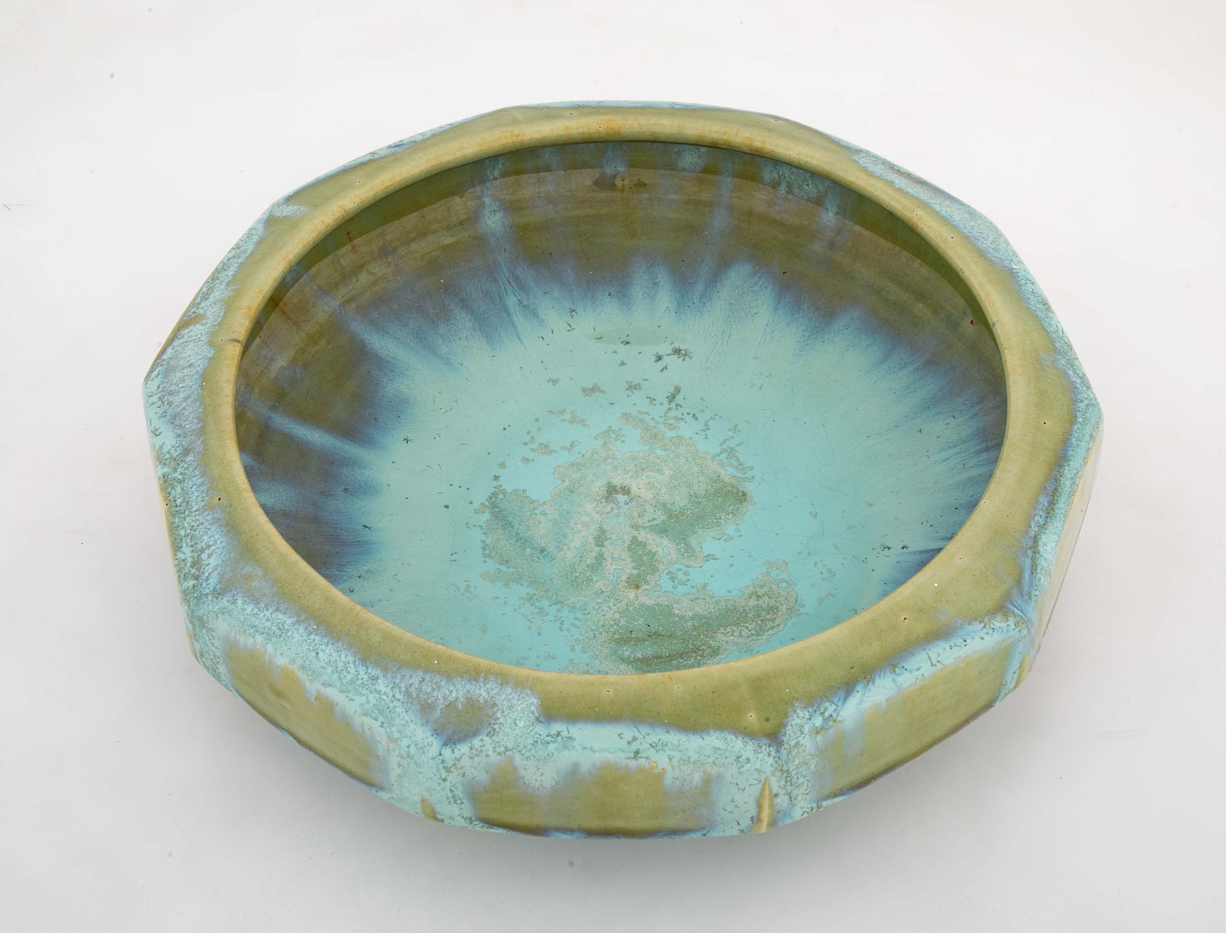 10 Sided Fulper Pottery Bowl With Pale Blue Over Lime Green Glaze