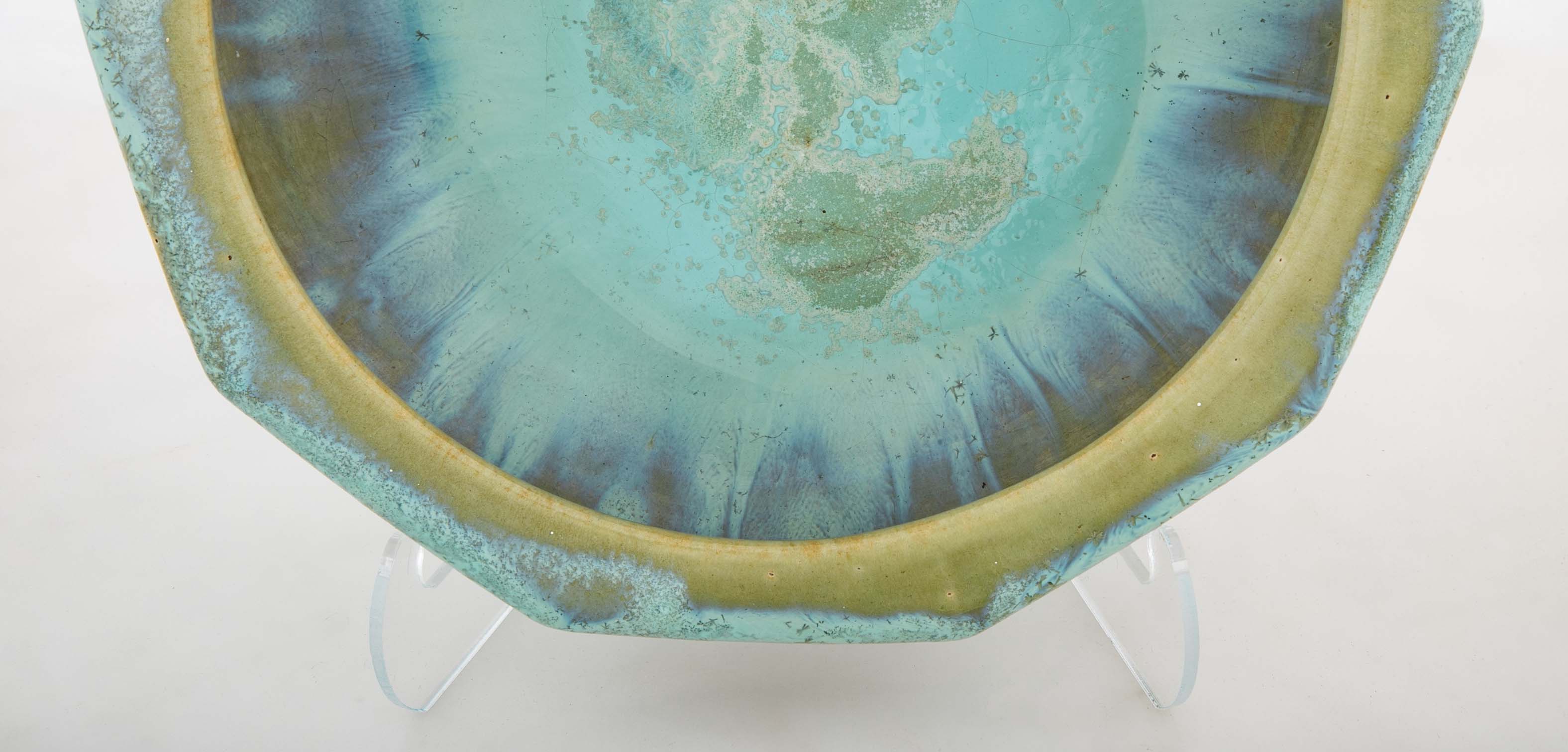 10 Sided Fulper Pottery Bowl With Pale Blue Over Lime Green Glaze