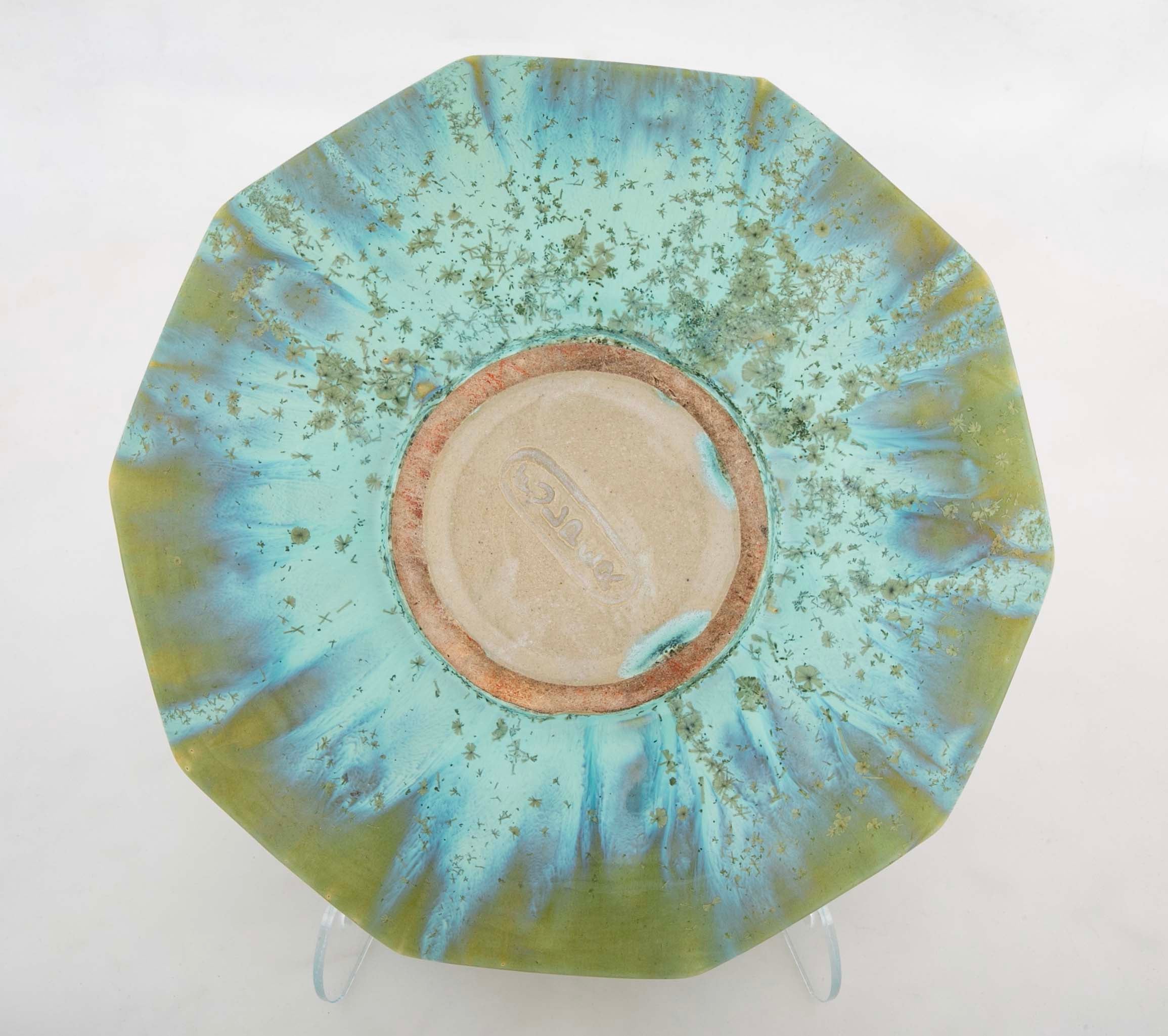 10 Sided Fulper Pottery Bowl With Pale Blue Over Lime Green Glaze