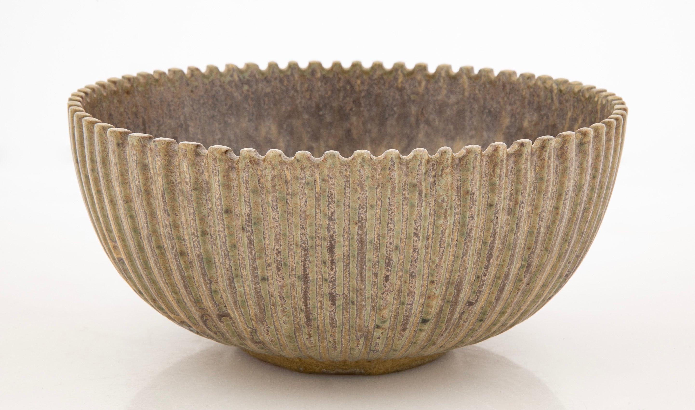 Arne Bang Greenish Glazed Fluted Round Bowl in Stoneware